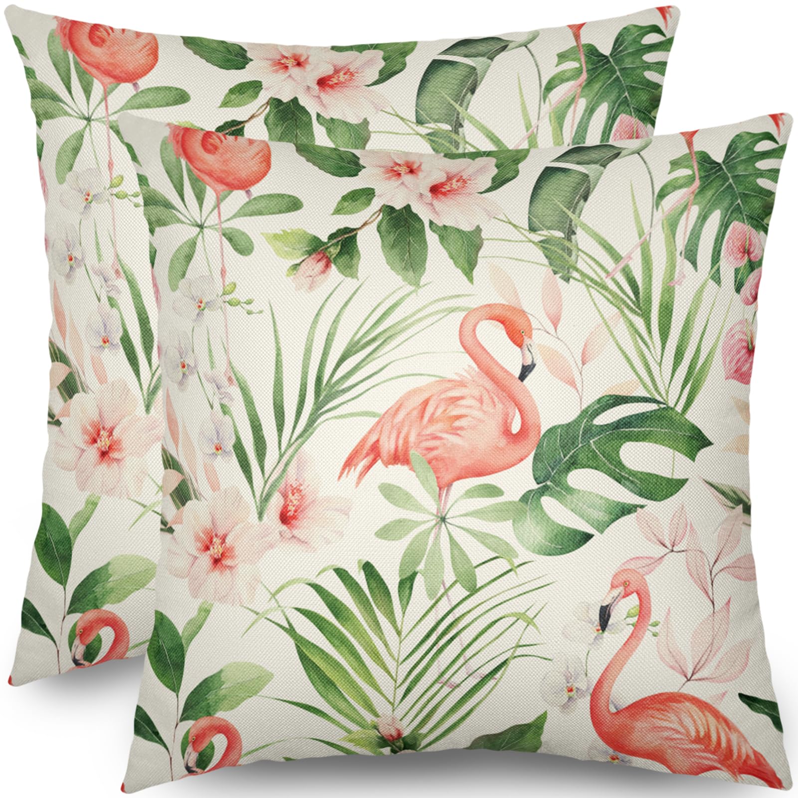 Flamingo Pillow Covers 18x18 Set of 2 Summer Tropical Leaves Floral Floral Print Decorative Throw Pillows Outdoor Hawaii Flower Farmhouse Pillowcases