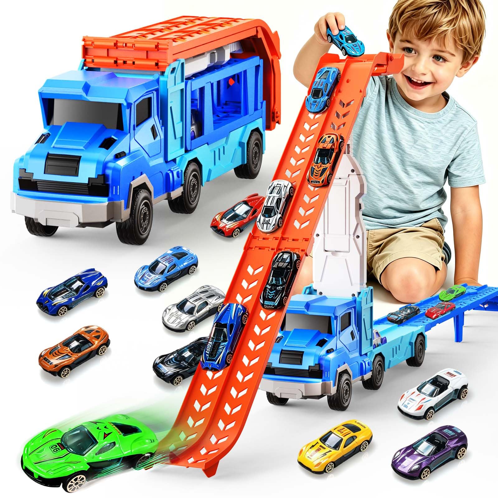 Doloowee Toy Car for 3 4 5 6 Years Old Boys, Truck Toy for Boys Age 3-5 Gift for Kids 3-5 Year Olds Race Car Track