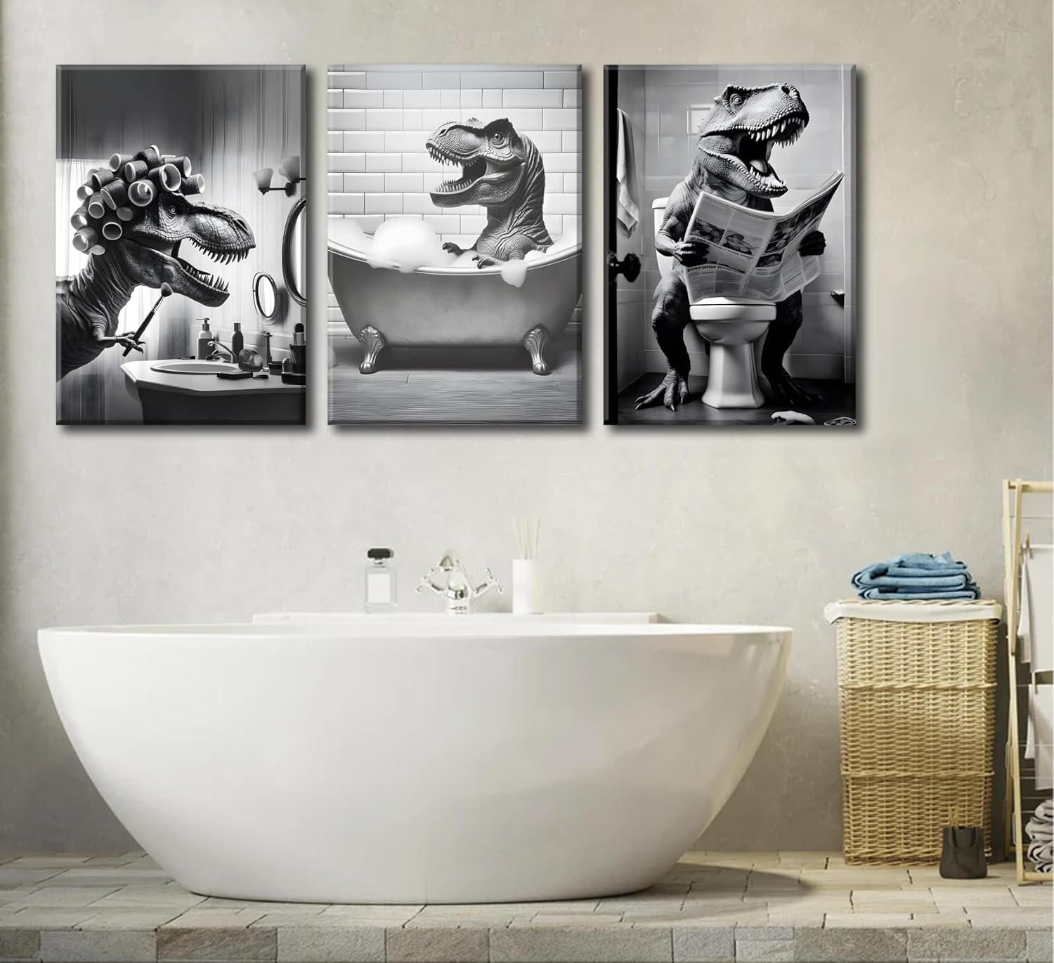 3Pcs Fun Dinosaur Bathroom Canvas Wall Art humorous Black and White Animal Toilet Reading Newspaper Painting Pictures Wall Decor Posters Print Artwork for Washroom Lavatory Home Decoration
