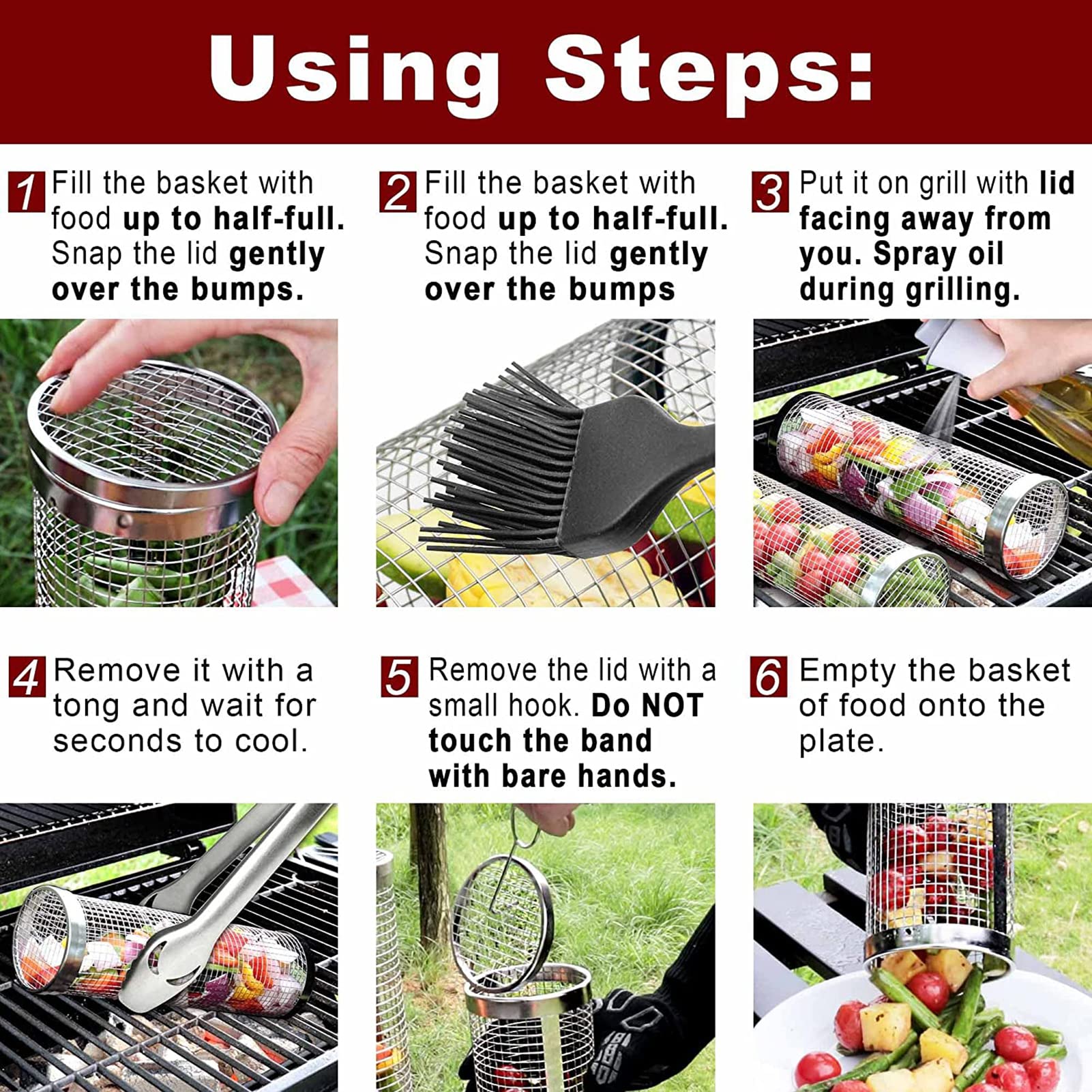 Koszyk do grilla okrągły ze stali nierdzewnej, na zewnątrz grill ze stali nierdzewnej kosz na ognisko grill kratka kemping piknik naczynia kuchenne, akcesoria do grillowania, L, 4 szt
