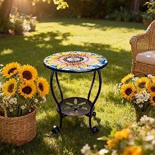 HugCoz Yellow Sunflowers Mosaic Outdoor Side Table - Rust-Resistant Metal Patio End Table for Garden Porch Living Room