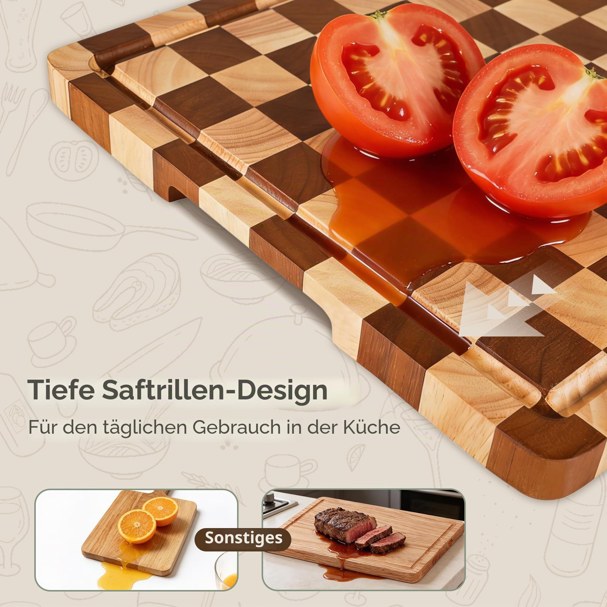 Schneidebrett aus Gummibaumholz, 3-teiliges Kariertes Küchenbrett-Set mit Ständer, Saftrinne und Griff für Fleisch, Gemüse und Käse