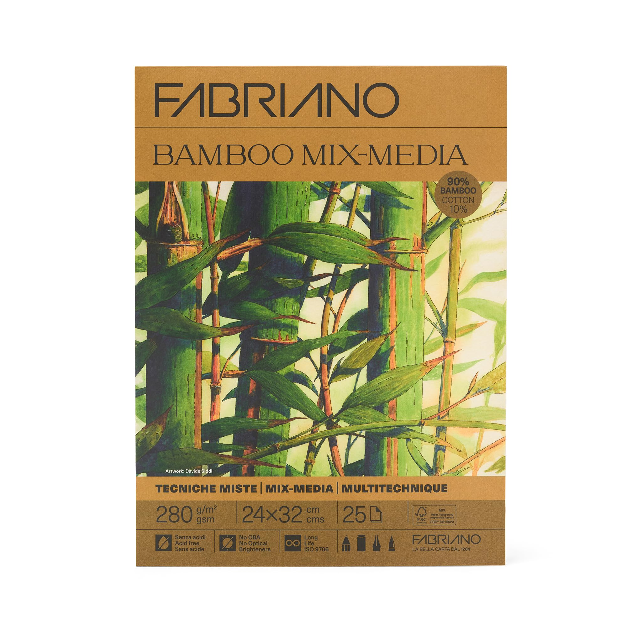 Fabriano Bamboo Fine Art Paper 90% Bamboo 280 GSM – Natural Texture, FSC® Mix, Acid-Free, for Mixed Media, Painting and Drawing – Natural Warm White (9.5x12.5 inches)
