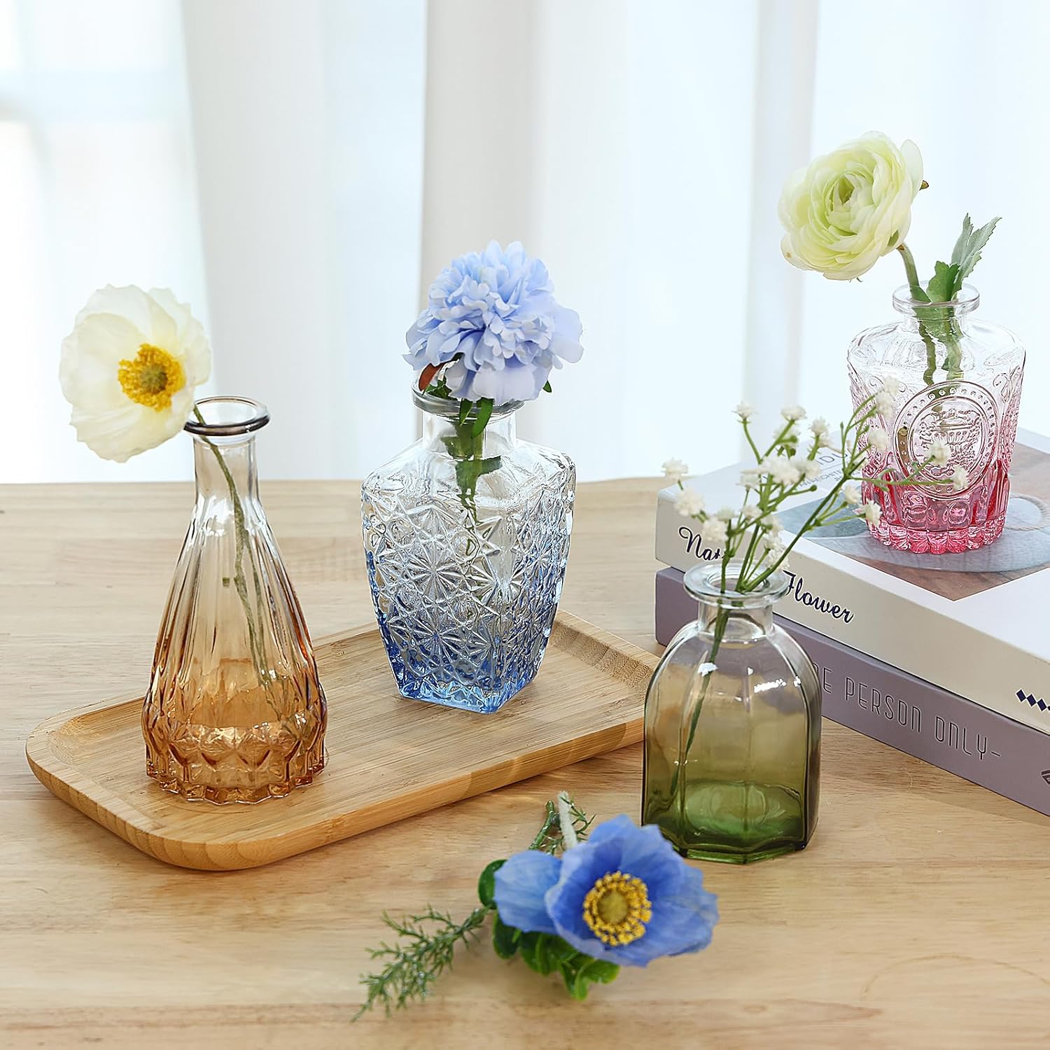 CUCUMI 12 Pack Colorful Glass Bud Vases, Small Colored Vintage Vases for Centerpieces, Decorative Flower Vases for Wedding Home Table Decor(Amber, Blue, Green, Pink) - Image 5