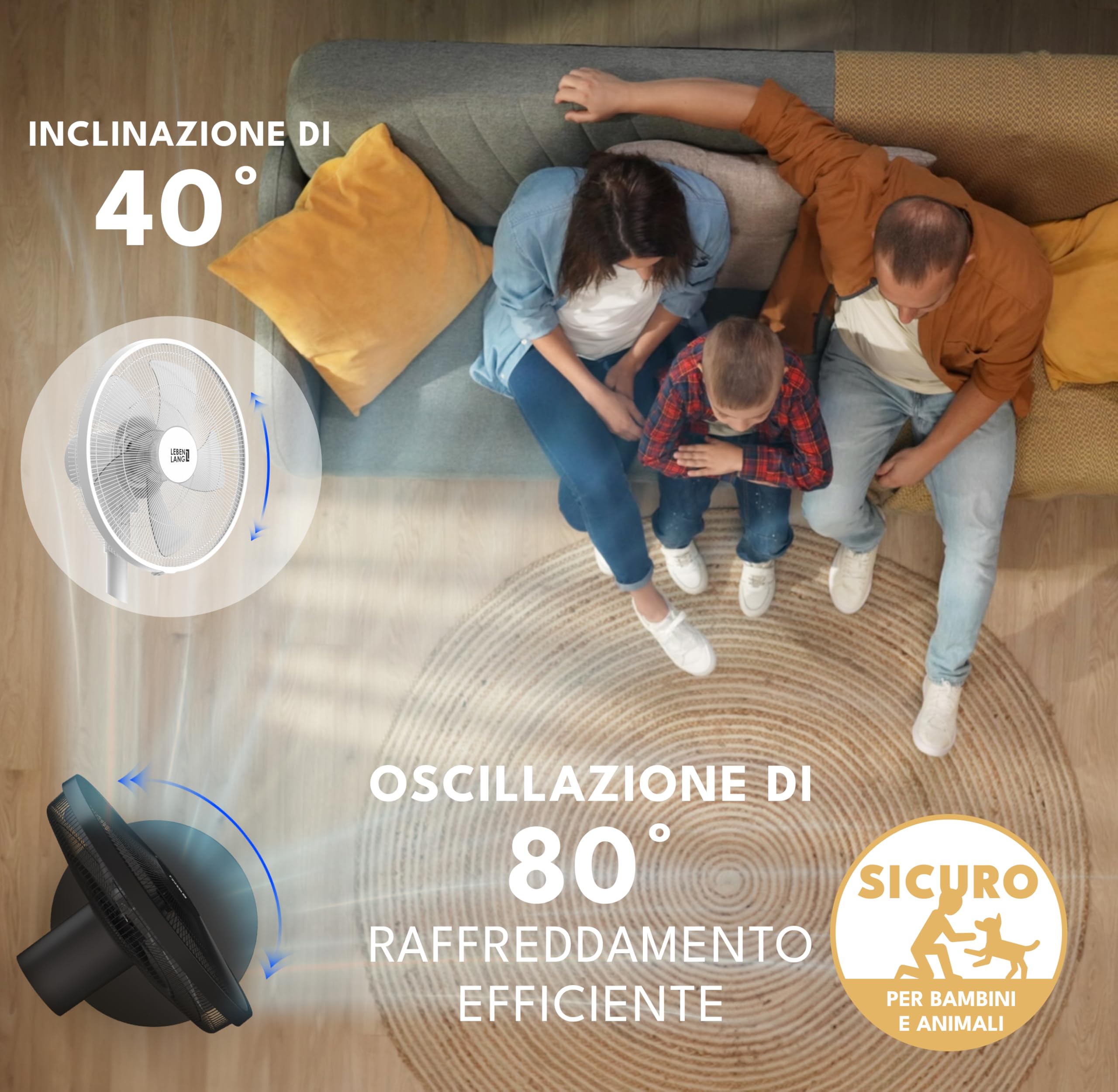 LEBENLANG Ventilatore a piantana - 60W & 5 modalità I 45cm Oscillante | Con telecomando & display LED I Ventilatore silenzioso Electric fan da pavimento Standing fans notte Ventilatori potente
