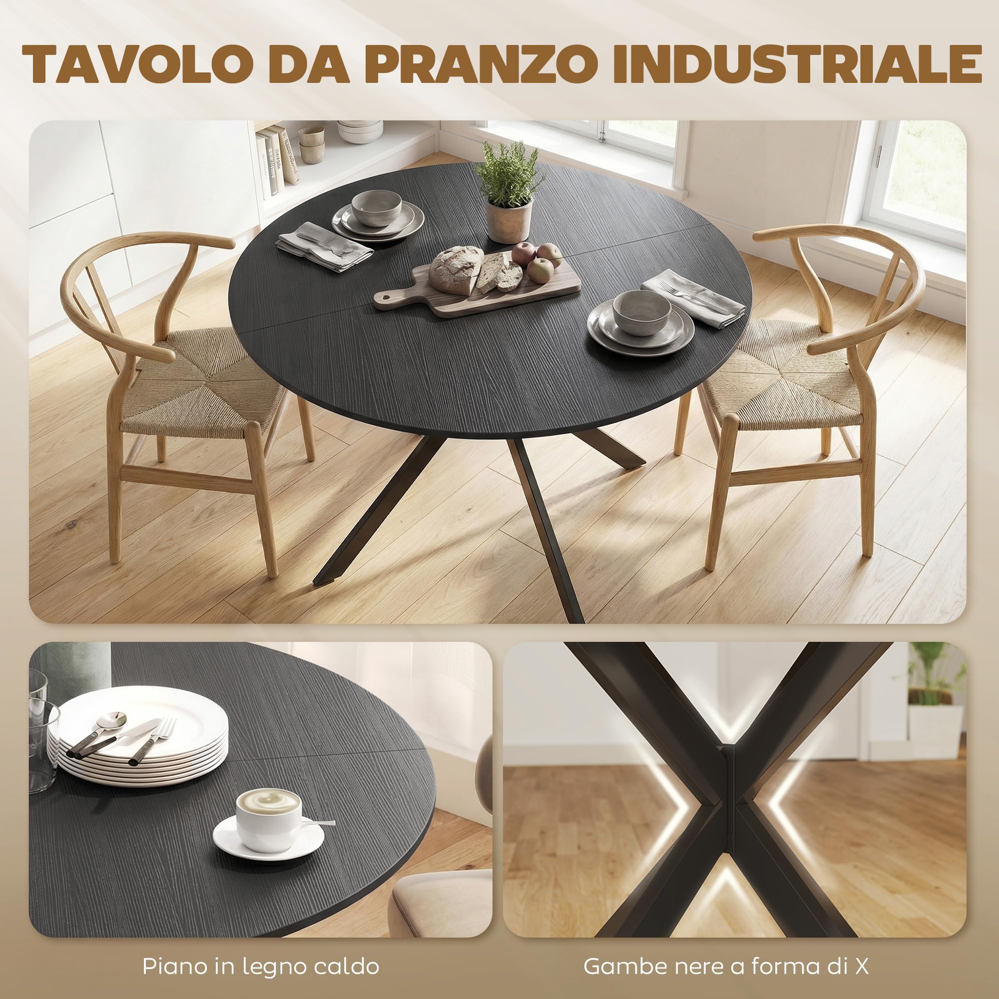 HOMCOM Tavolo da Pranzo Rotondo Ø120 cm, Piano Effetto Legno, Nero