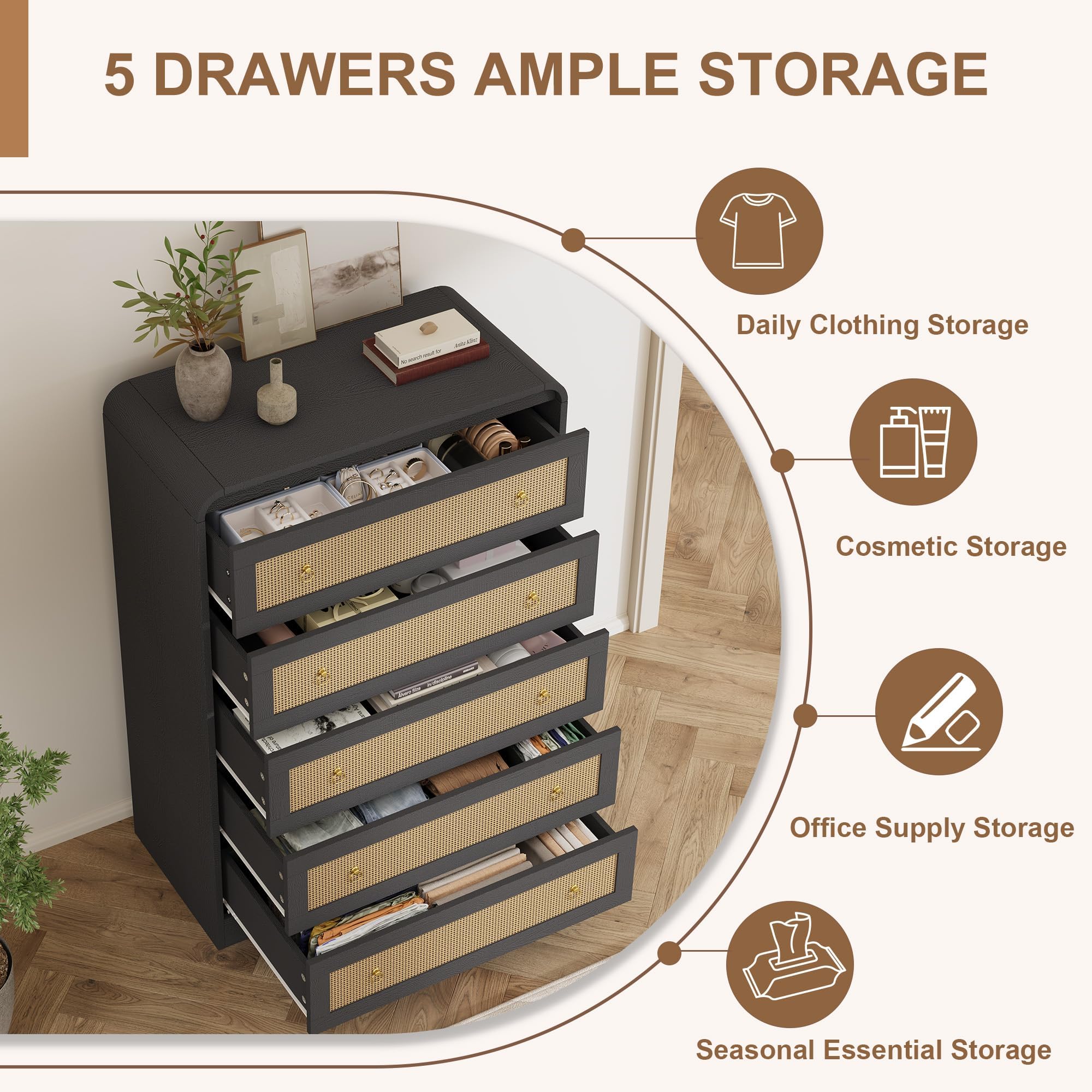 Garvee Cassettiera 5 cassetti in legno con frontali in rattan - Design moderno boho - Angoli arrotondati - 79 cm (31'') altezza - Camera da letto/Soggiorno/Ingresso - Colore: Nero goffrato con rattan