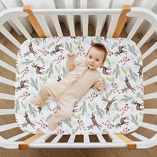 Miniatura 6 de Sábanas de cuna con ciervo de Navidad, sábanas ajustables elásticas para cuna para niños y niñas, sábana unisex acogedora para cuna de bebé, 28 x 52