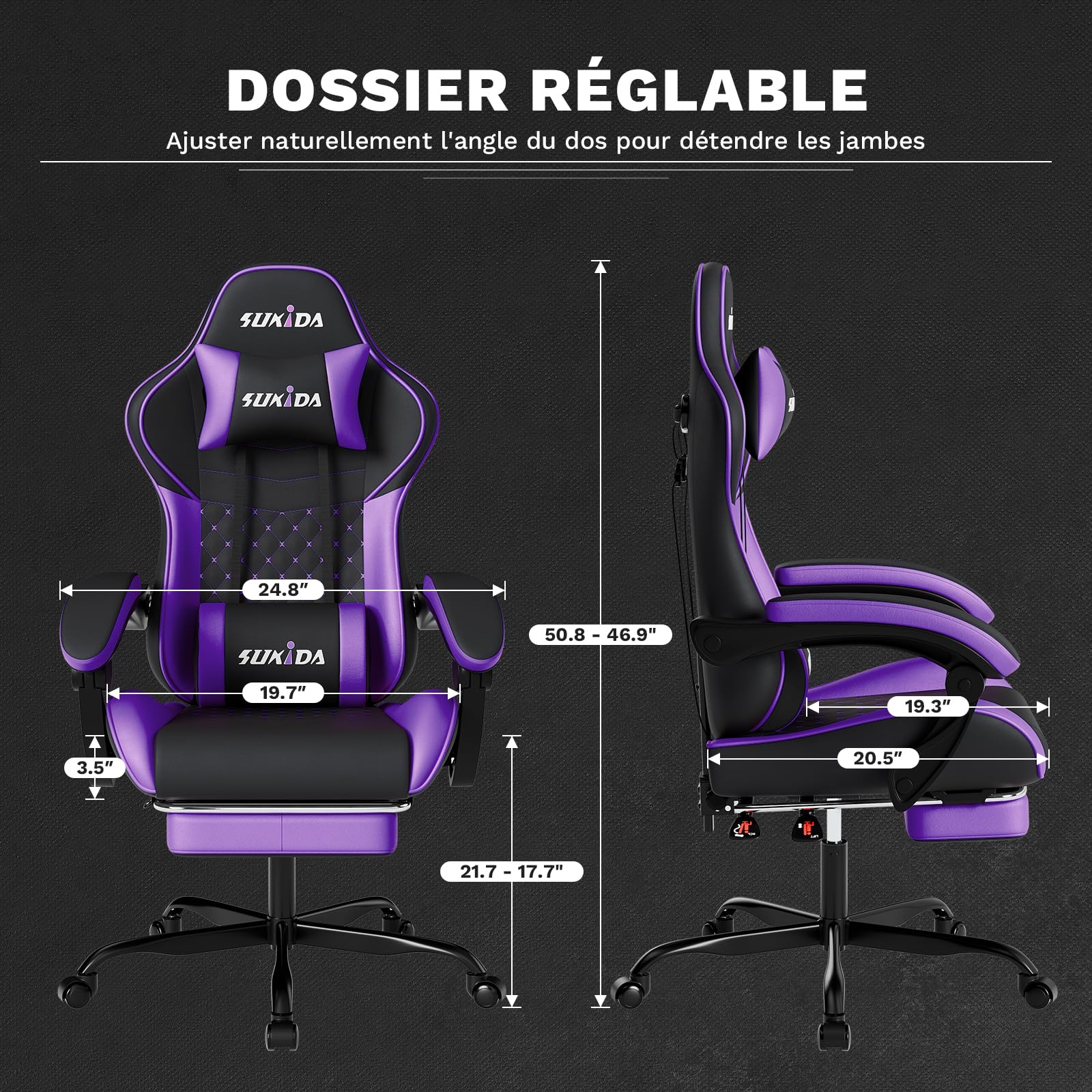 SUKIDA Chaise de Jeu, Chaise d'ordinateur Ergonomique avec Repose-Pieds, Chaise de Bureau Confortable avec appuie-tête, Chaise de Jeu Massage pour Adulte, Chaise d'ordinateur réglable en Hauteur