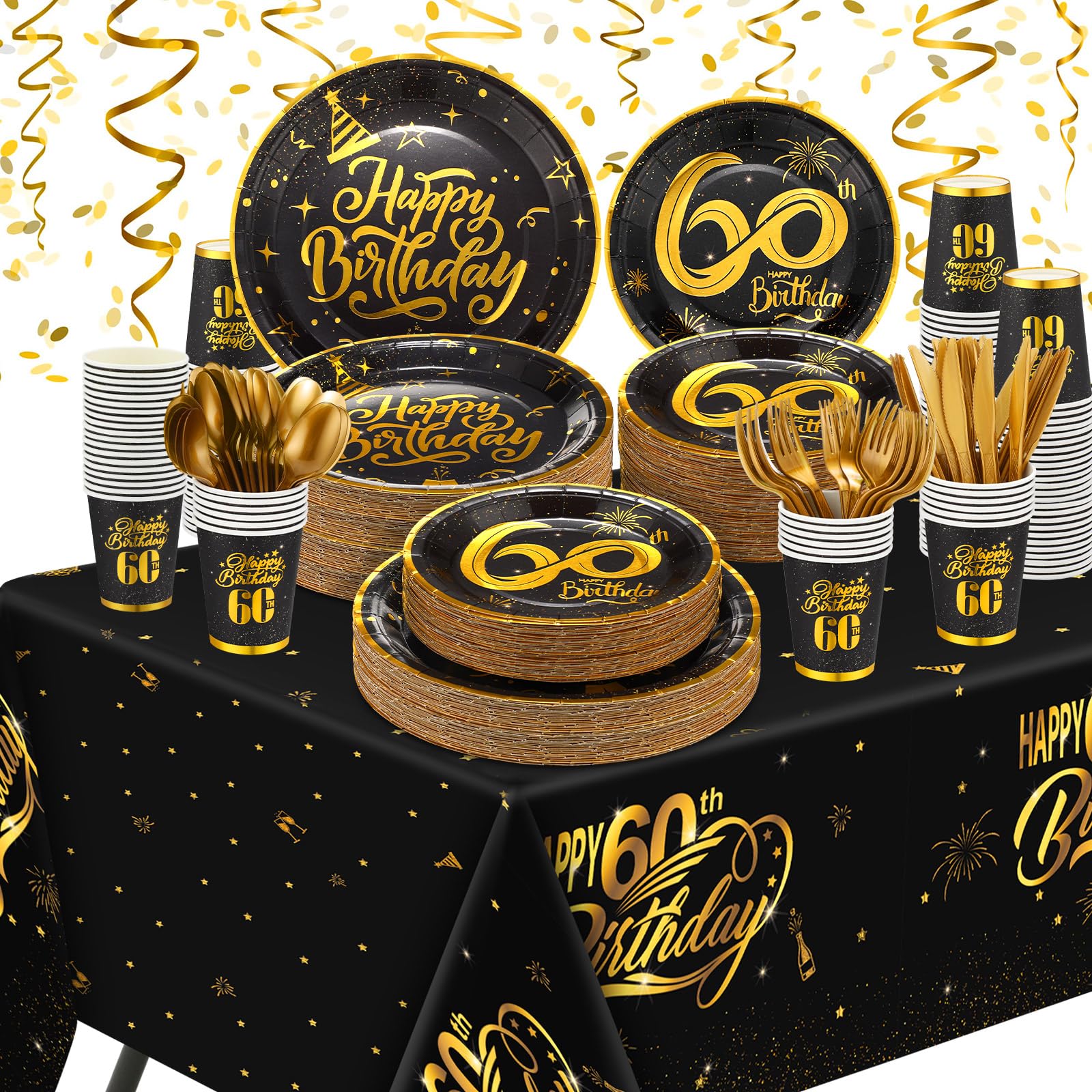 Yaomiao 146 Pcs 60th Theme Birthday Party Tableware Vintage 1965 Party Supplies 60th Birthday Tableware Disposable Tablecloth, Paper Cup, Plates Set