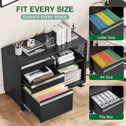 Miniatura 6 de Archivador de 3 cajones con cerradura, archivador lateral móvil, soporte de metal para impresora con estantes para oficina en casa (negro)