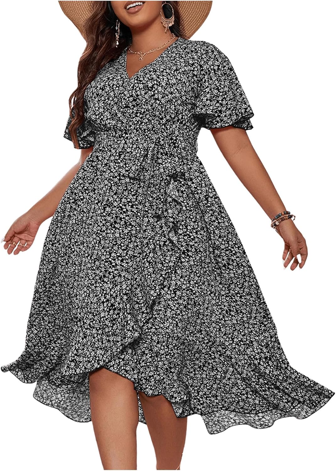 Floerns Women's Plus Size Boho Flutter Short Sleeve Ruffle Hem A Line Midi Dress - Image 5