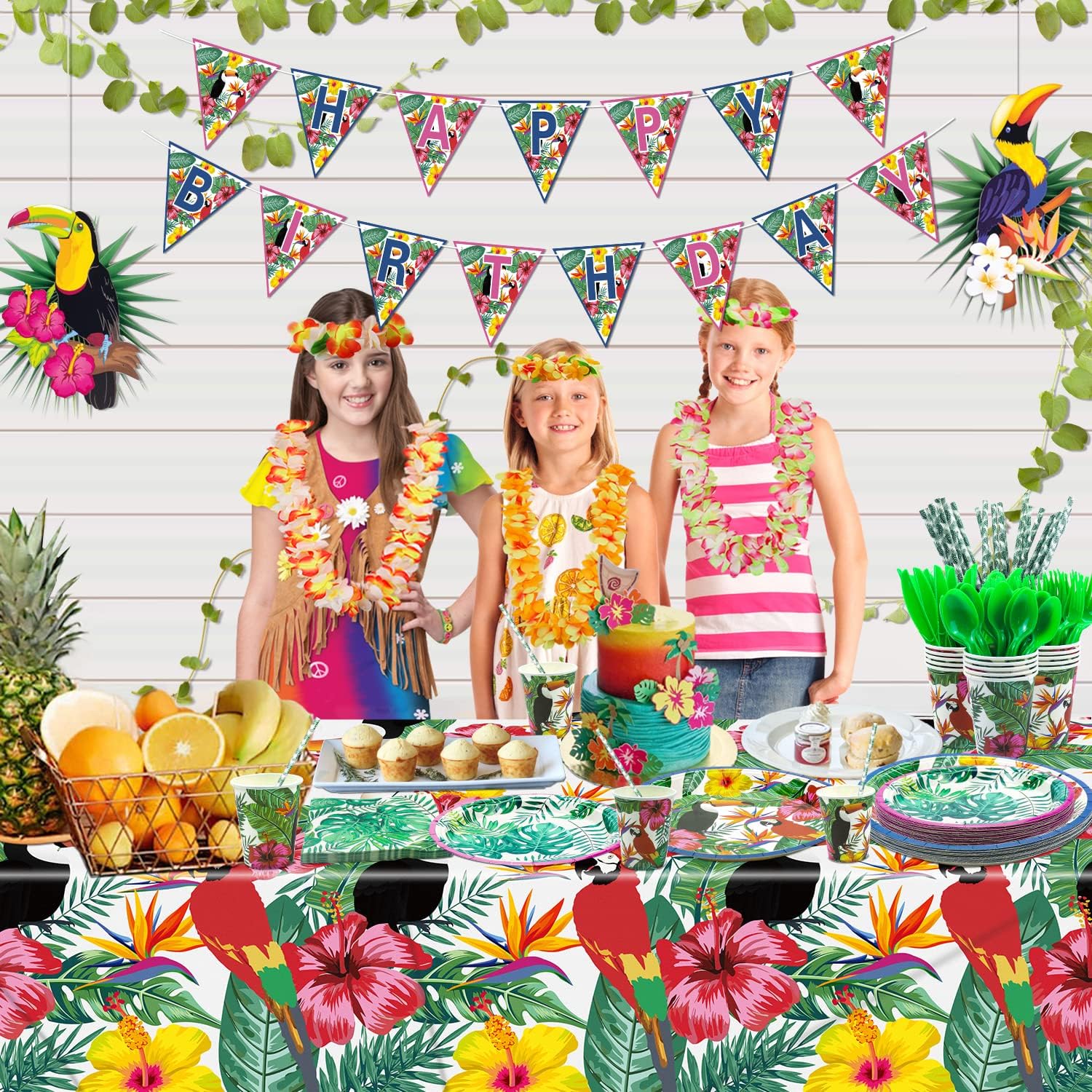 Hawaiian Luau Party Supplies - Tropical Birthday Banner, Toucan Paper Plates, Napkins, Cups, Tablecloth, Knives, Fork, Spoon and Straws for Aloha Summer Party Decorations, Serves 20 Guests (01)