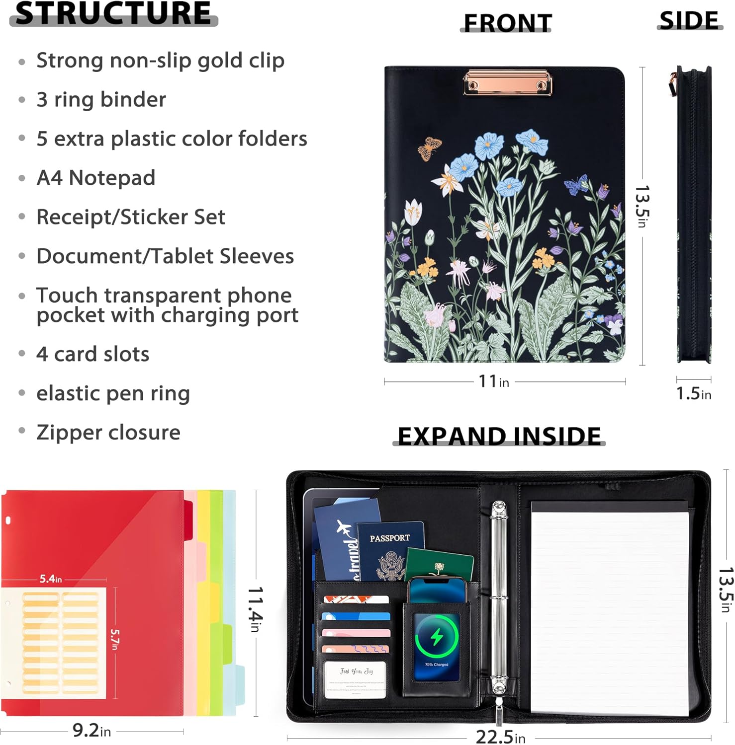 Ospelelf Leather Clipboard with Storage, Zippered Padfolio Portfolio Organizer, 3 Ring Binder 1 Inch, Notepad, Tablet Sleeve, 5 Dividers with Pocket for Office,Students, Teachers Night Flowers