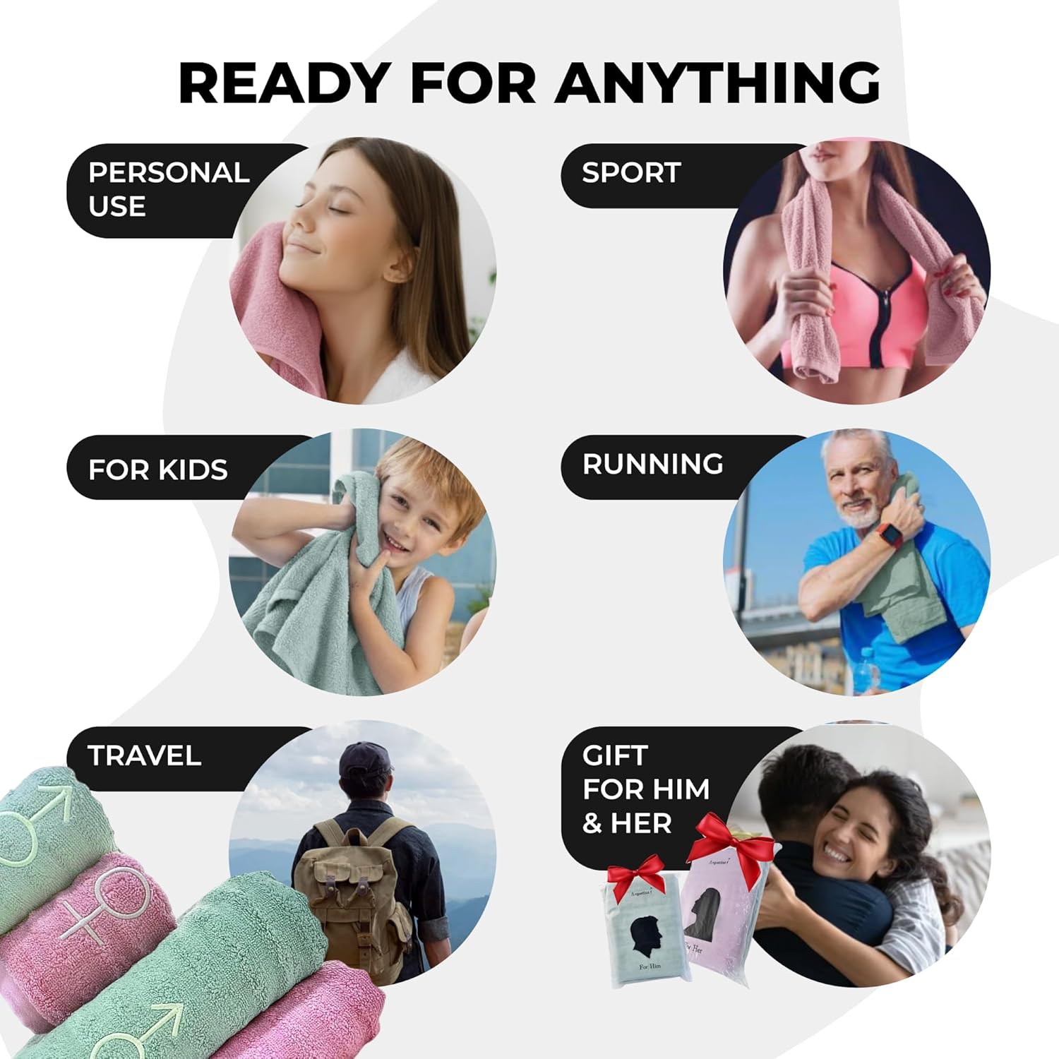 His and Hers Towels Set for Couples – 4-Piece Bath Towel for Couples, Pink & Green with Mars & Venus Embroidery – Soft Bamboo Blend Couple Bath Towel Gift