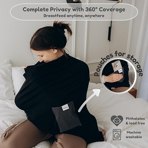 Miniatura 4 de Funda de lactancia de bambú prémium para lactancia materna 6 en 1 con 2 bolsillos, privacidad 360, cubierta de alimentación, chal de lactancia suave