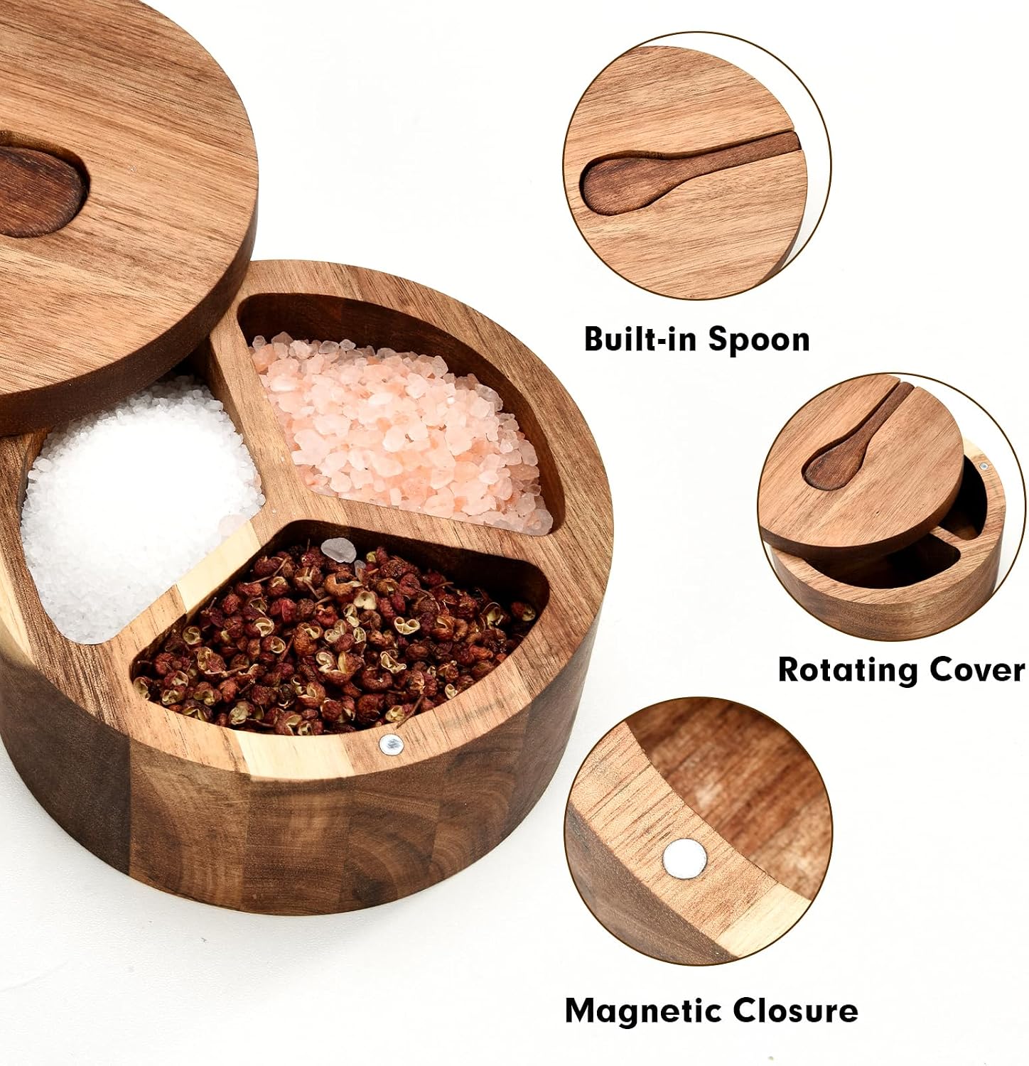 Wood Salt and Pepper Box, 3 Compartment Salt and Pepper Cellar With Lid and Spoon,Spice Condiment Container for Kitchen Countertop