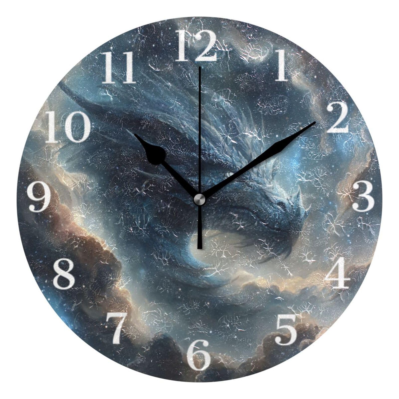 Ensound Blue Glowing Dragon Wall Clock Silent Non-Ticking Battery Operated Clocks 12 Inch for Kitchen Home Living Room