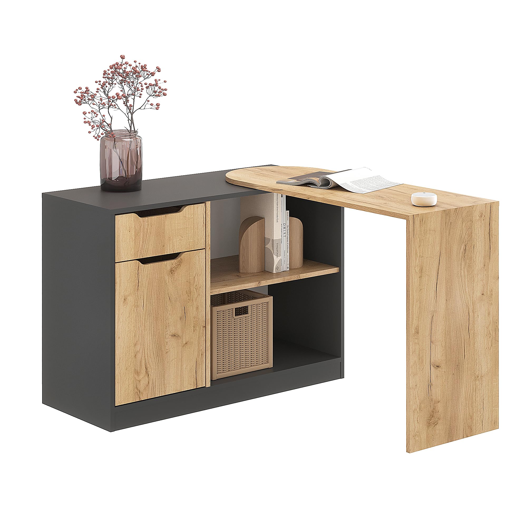Komto Anthrazit/Golden Craft Oak L Shaped Desk with Storage – 360° Rotating Computer Corner Desk with Drawers and Shelves for Home Office, Work, Study and Gaming | Foldy 164 x 106 x 74,4 cm