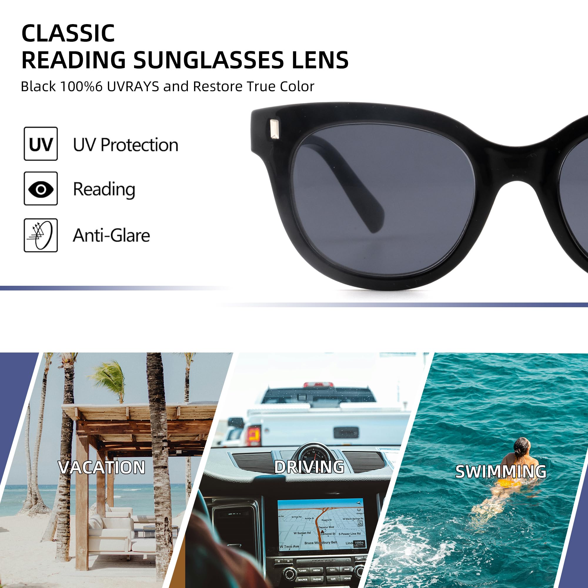 Paquete de 3 lentes de sol de lectura para mujer, lentes de sol clásicos al aire libre, lentes completos con resorte de metal