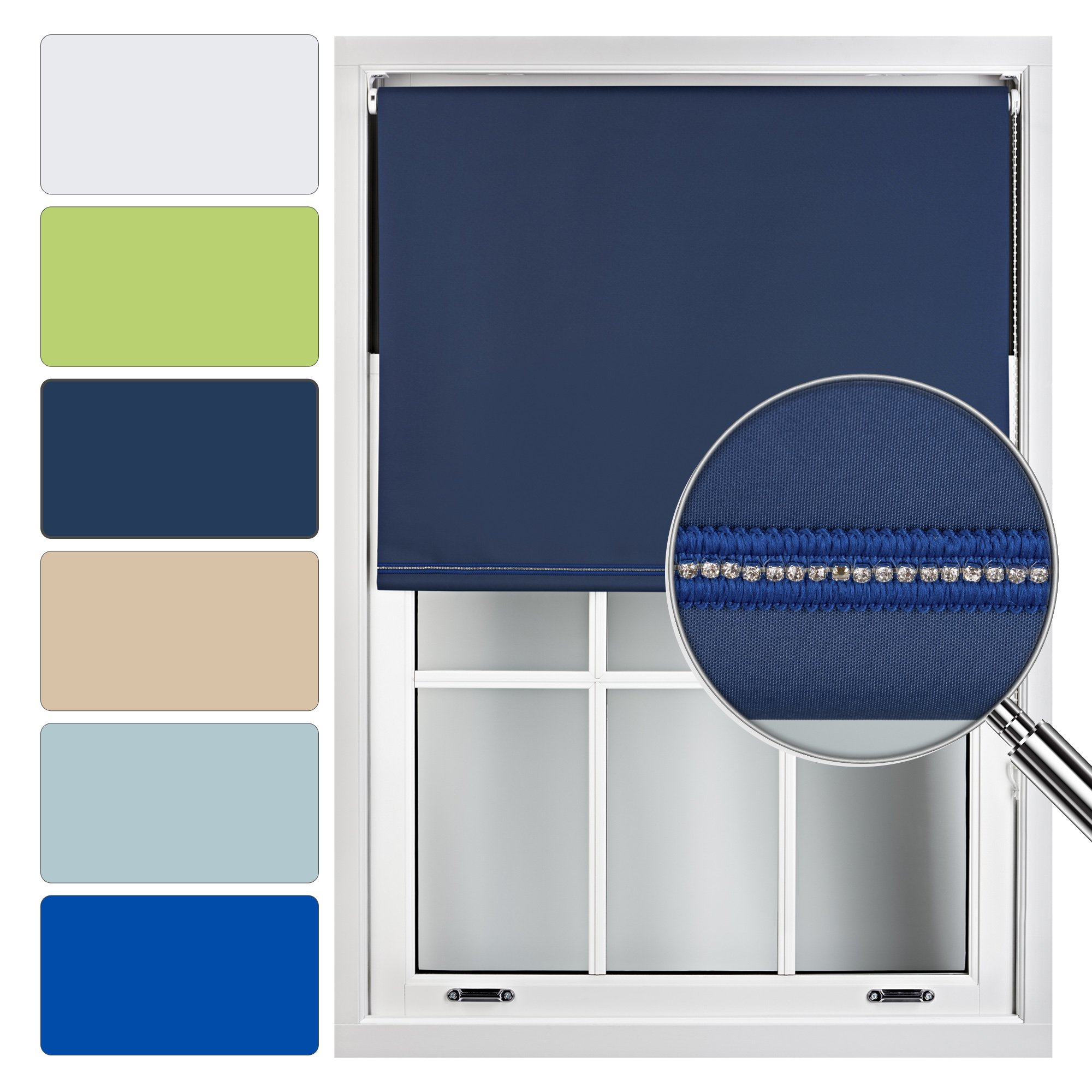FURNISHED Blackout Roller Blinds with Decorative Diamond Braiding Design Easy Install Cut to Size Made to Measure Blind, Navy Blue, 90W x 165L cm