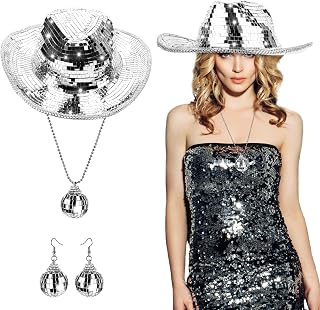Disco Cowboy Hat Silver Cowgirl Hat with Disco Ball Necklace and Sparkly Mirrored Earrings Sequin Light Up Hat Women Bling Glitter Dance Cap for Girls Party Costume Accessories Cosplay Dress Up