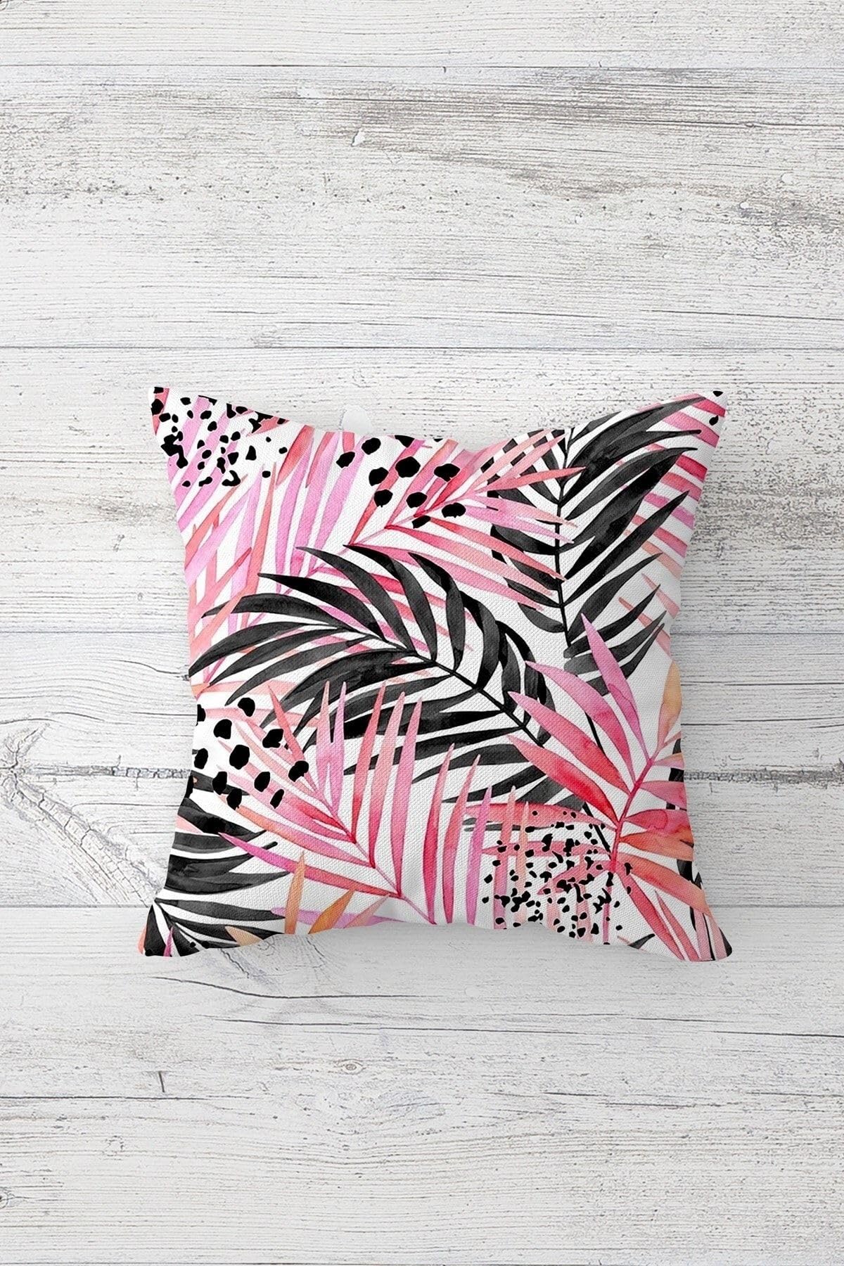 Pelangi Zebra Ve Tropikal Yaprak Desenli Gizli Fermuarlı Kırlent Kılıfı Koltuk Yastık Kılıfı Takım(4adet), Pembe 45 x 45