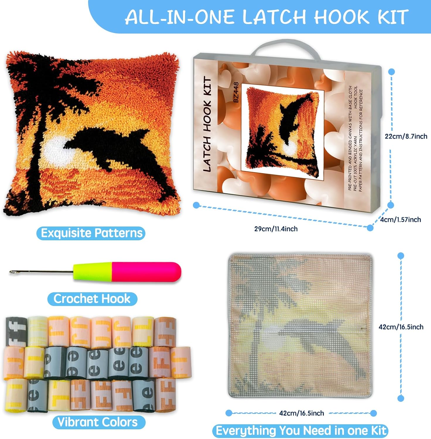 ZFFLYH Latch Hook Kit Plant Flower Leaves DIY Throw Pillow Cover Sofa Cushion Cover Preprinted Canvas Crochet Yarn Kits Needlework Crafts 43x43cm