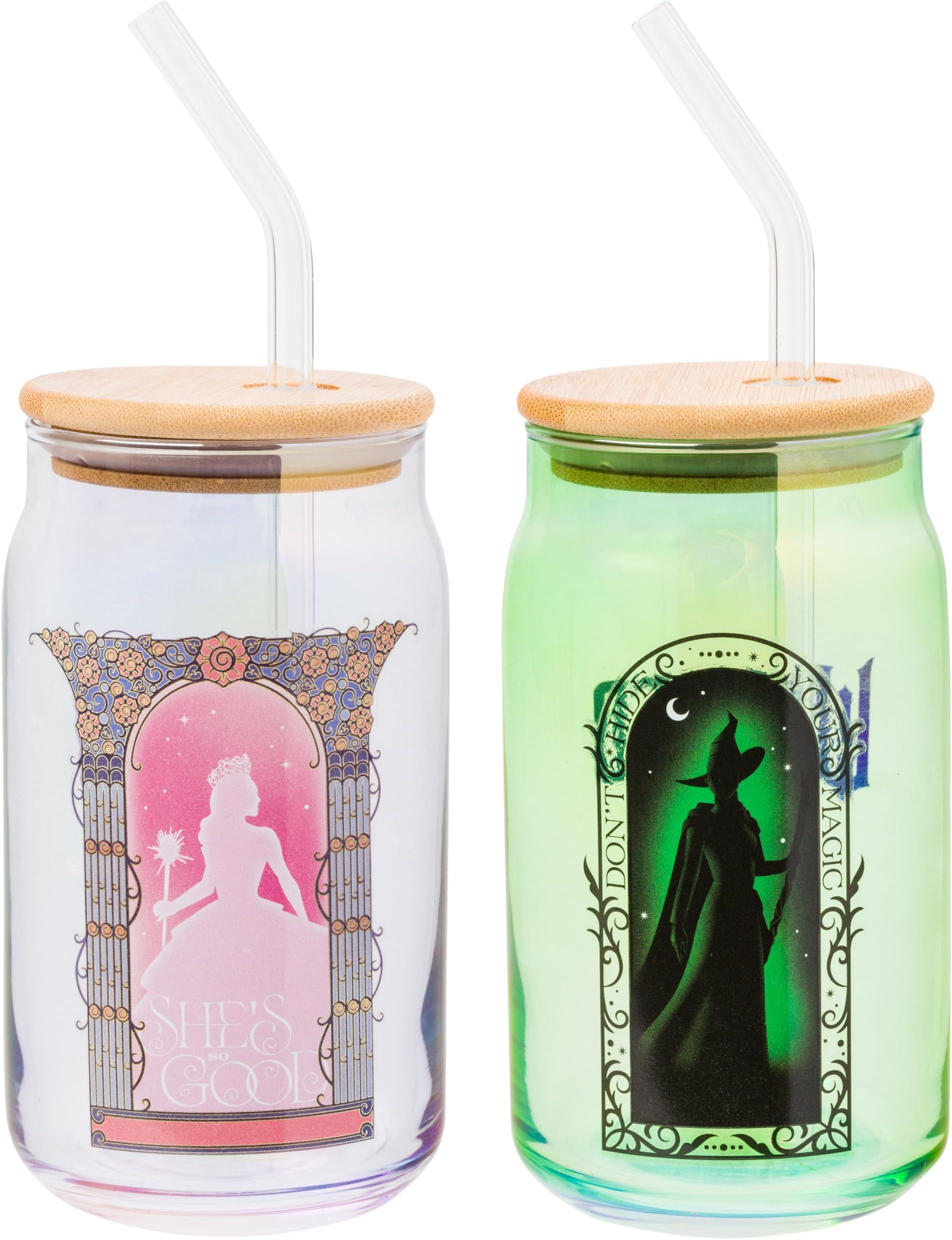 Wicked Featuring Elphaba and Glinda She's So Good and Don't Hide Your Magic 2 Pack Glass Jar Tumbler with Bamboo Lid and Glass Straw, 16 Ounces