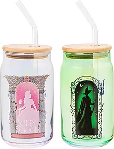 Silver Buffalo Wicked Featuring Elphaba and Glinda She's So Good and Don't Hide Your Magic 2 Pack Glass Jar Tumbler with Bamboo Lid and Glass Straw, 16 Ounces