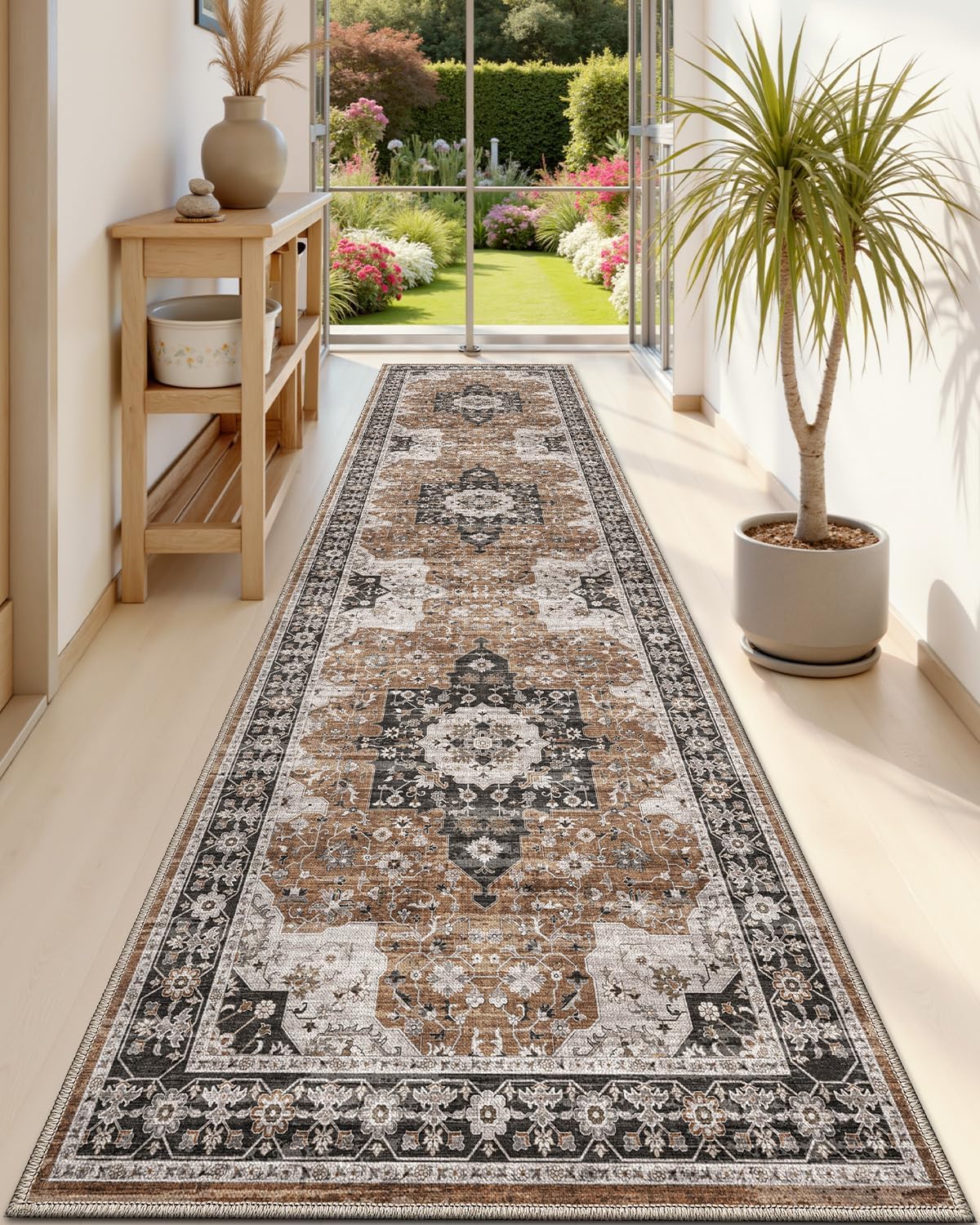 DEXI Hallway Washable Runner Rug 3x7, Vintage Farmhouse Thin Kitchen Runner with Non Slip Backing, Soft Entryway Floor Rug, Stain Resistant Distressed Carpet for Bedroom Living Room, Brown