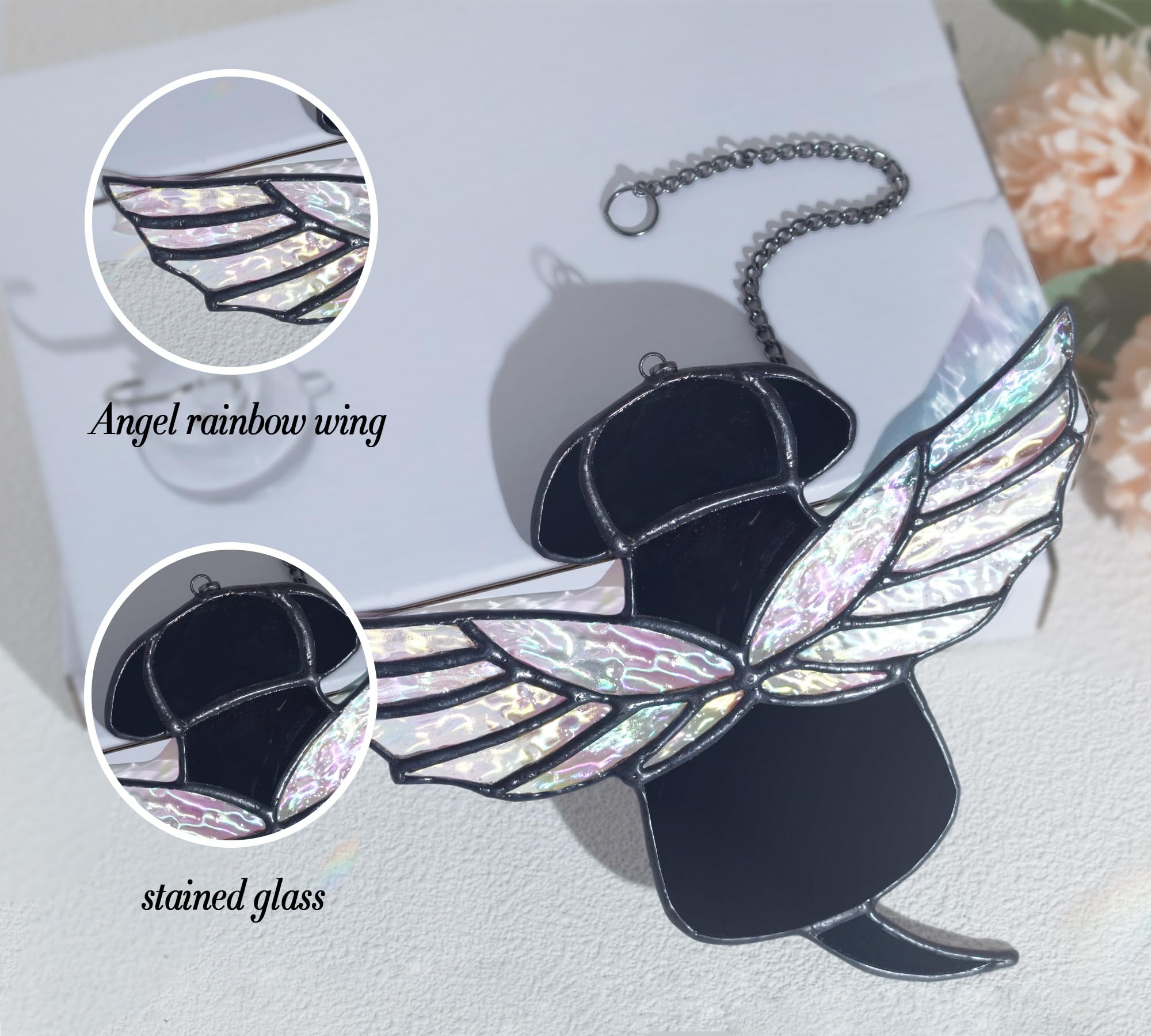 Velasyart Stained Glass Rainbow Wing Angel Dog Memorial Gift for Loss of Dog Bereavement (Black)