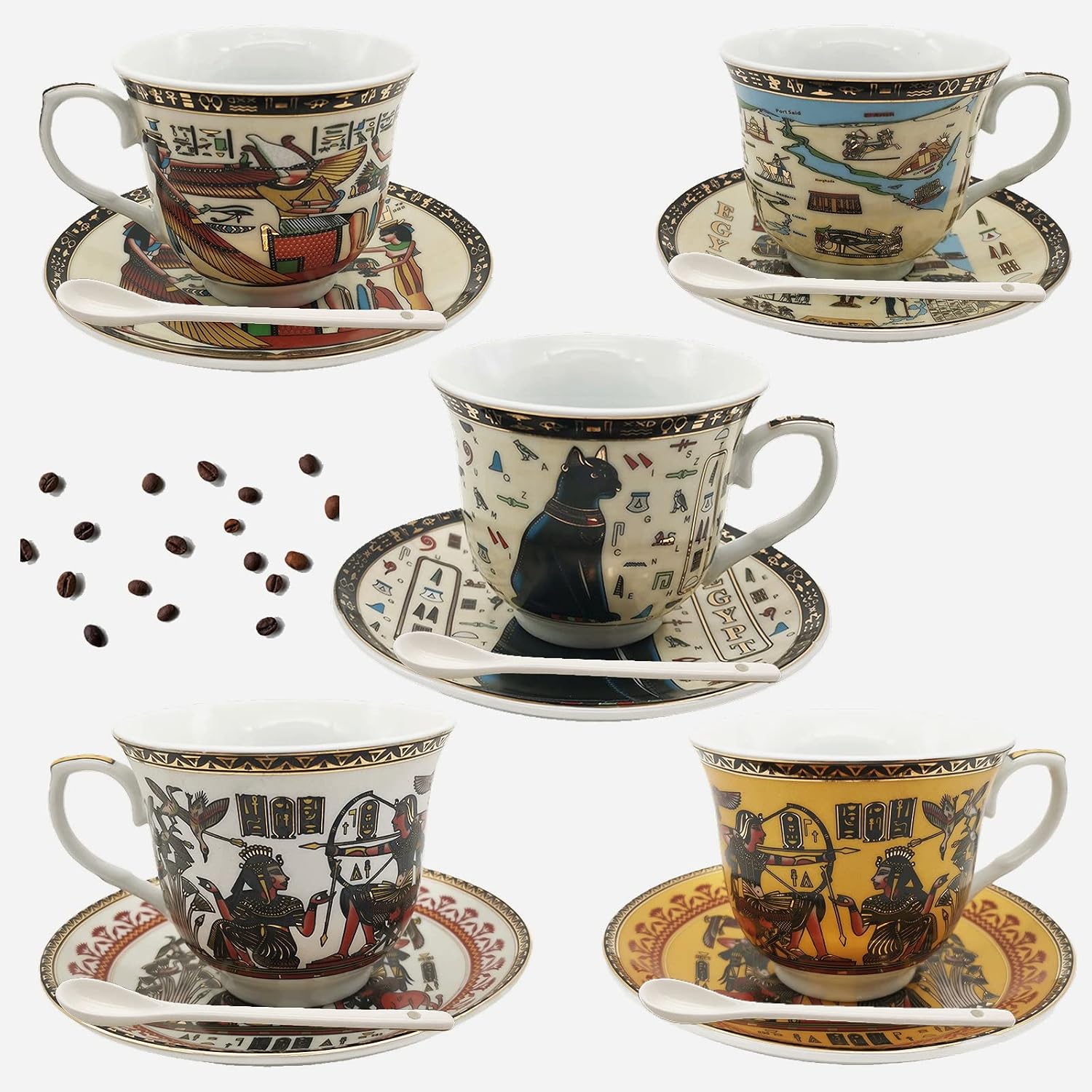 Coffee Espresso Cups and Saucers Set Egyptian Golden Ceramic Espresso shot Cup, Demitasse Cup 3.4oz/100ml Tea Cup Set Porcelain Gift for Birthday Family Friends (Black and Gold)