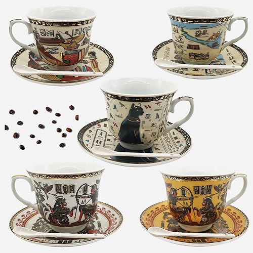 Miniatura 8 de Taza y platillo de café egipcio capuchino barista con cuchara de 8.2 oz8.1 fl oz, juego de tazas de cerámica egipcia dorada para té y café, taza de