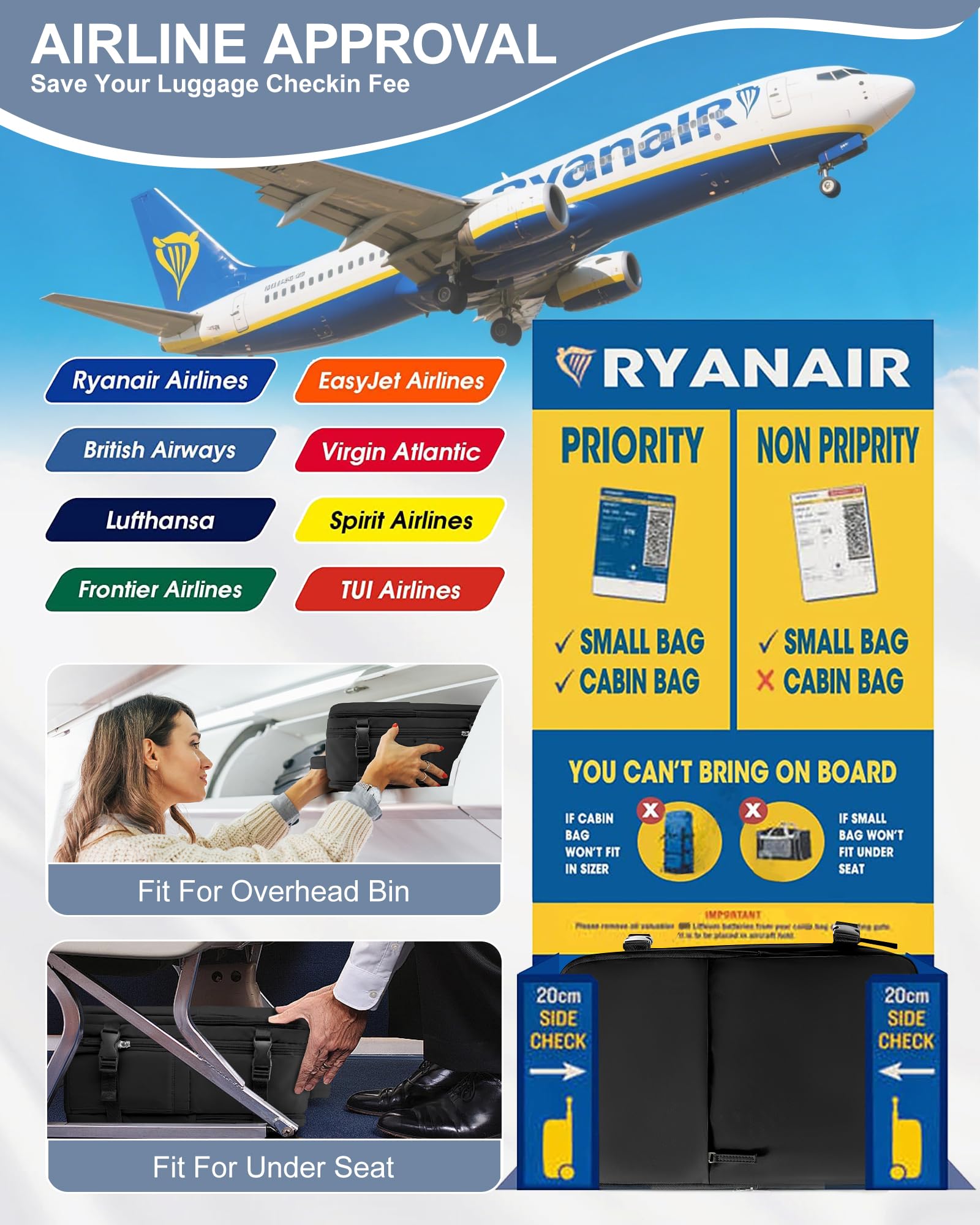 Plecak podręczny z zamknięciem próżniowym 40x30x20 dla Ryanair,bagaż podręczny pod siedzeniem,torba podróżna do samolotu,torba weekendowa,plecak turystyczny,plecak na co dzień,C01-Czarny