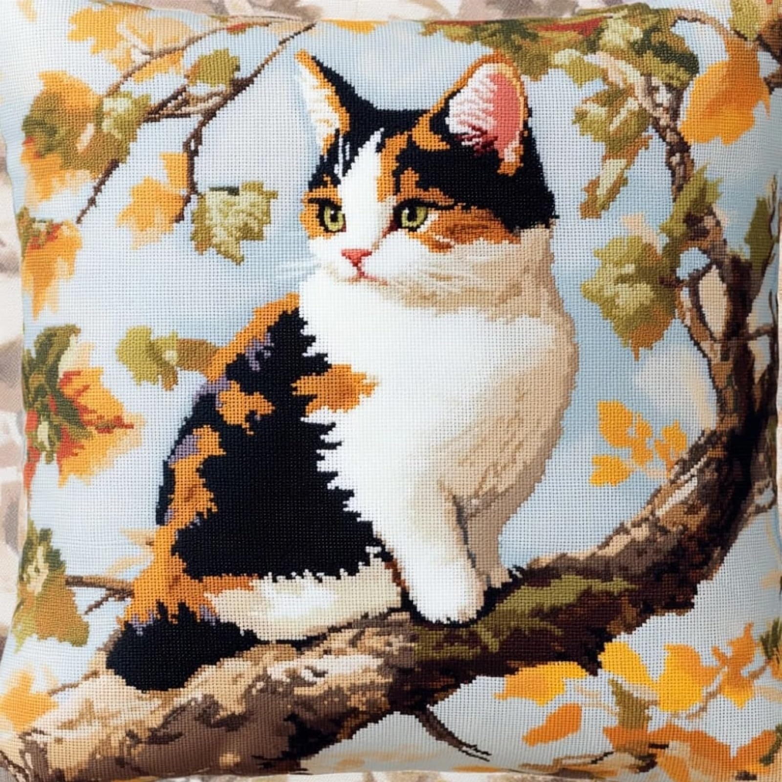 WallustrioaW 11CT Cross Stitch Pillow Kit,Cat on a Branch Cushion Embroidery Kit Cross Stitch Cushion Cover pre Printed Handmade Cover 18x18in