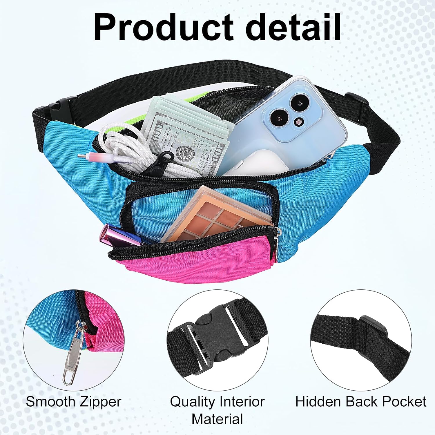 8 Pcs Retro 80s 90s Neon Waist Packs, Fanny Pack Belt Bag with 2 Pockets for Travel, Jogging, Festival, Party, Carnival & Costume - Adjustable, Waterproof Oxford Cloth
