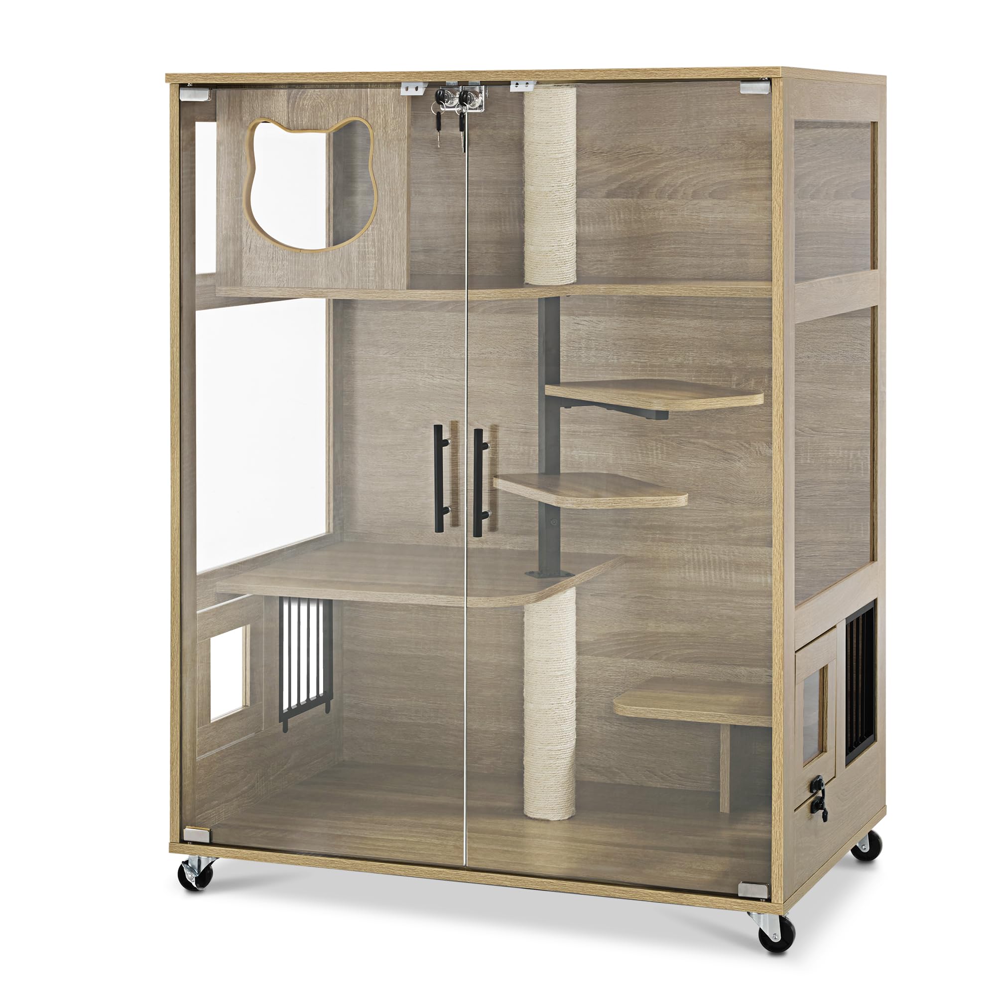 Lovupet Wooden Cat House with Scratching Posts, Luxury Large Cat Condo with Lockable Wheels, Indoor Kitten Cage with Escape Door, GC11