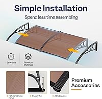 Vista 6 de Vivohome Toldo de policarbonato para puerta o ventana marrón con soporte negro de 40 pulgadas x 40 pulgadas