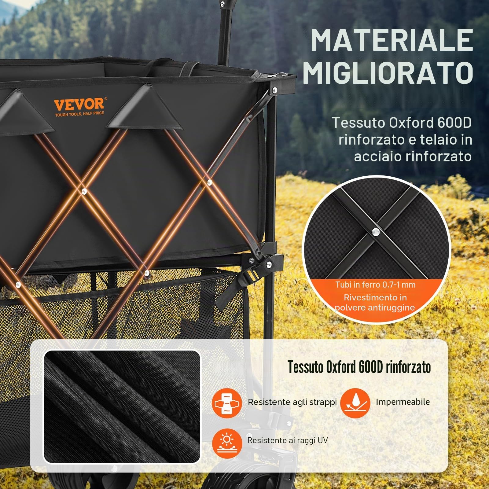 VEVOR Carro Pieghevole a Doppio Strato Capacità di Peso 350-450 Libbre, Carrello Portaoggetti in Tessuto Leggero Pieghevole con Rotelle, Trasportabile per Pesca Campeggio Shopping Giardino Picnic