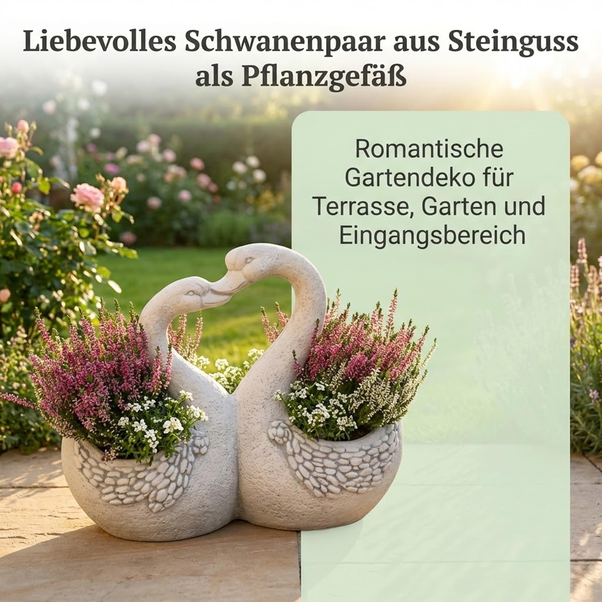 gartendekoparadies.de Gartenfigur Liebevolle Schwäne mit Blumentopf, Pflanzgefäß aus Steinguss, 0,5 & 0,8 Liter, 16 kg, Grau, frostsicher für Außenbereich
