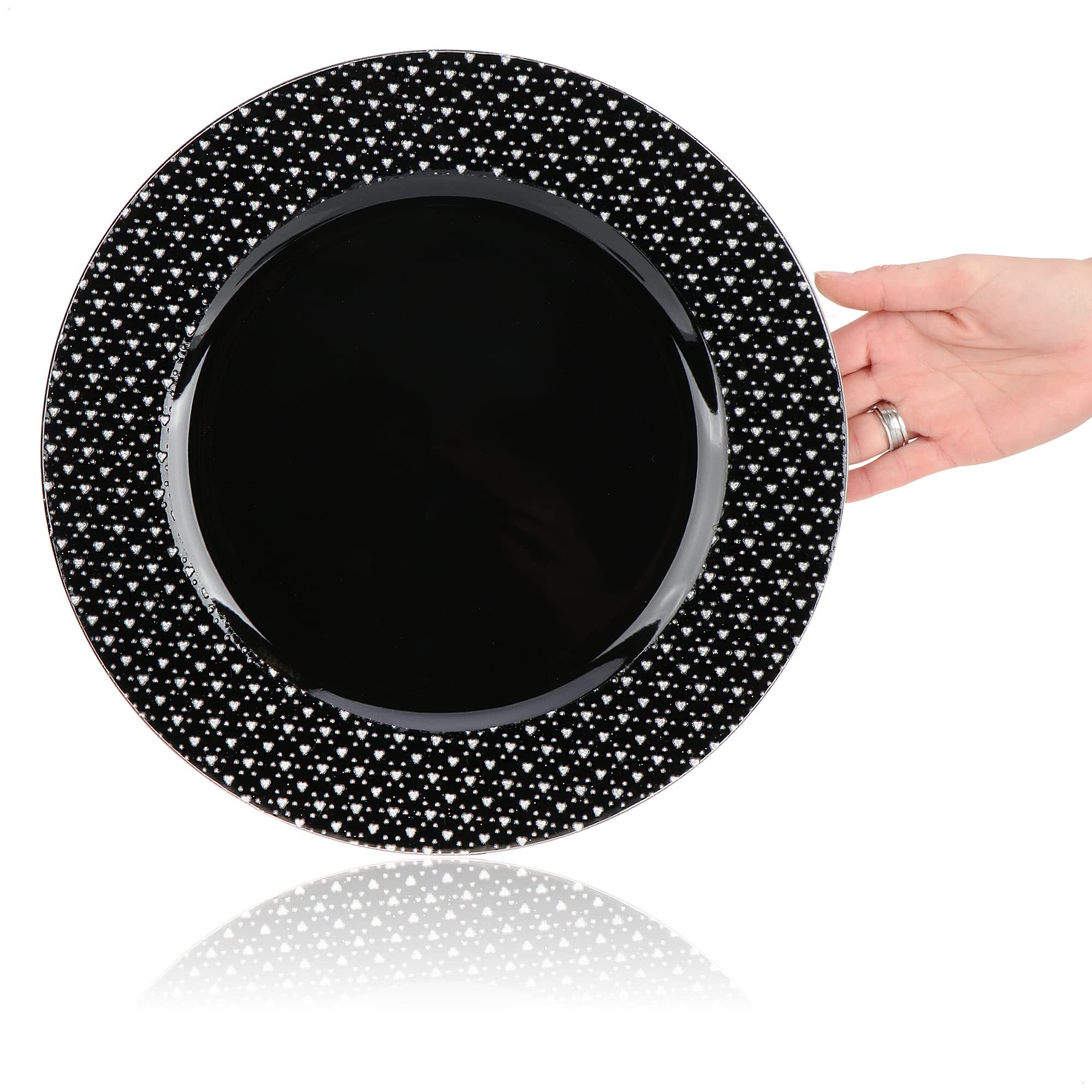 COM-FOUR® 4x podkladka blyszczaca czarna z blyszczacymi serduszkami - spodek jako dekoracja stolu - talerze dekoracyjne na wesela lub uroczystosci rodzinne - Ø 33 cm