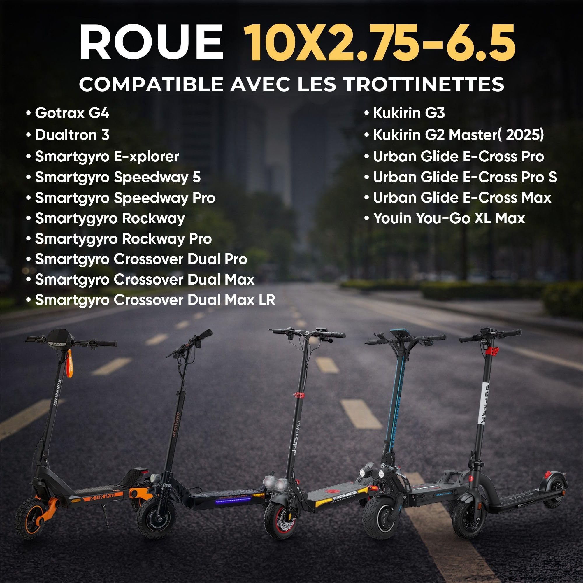 ANSENI Pneu Tubeless 10X2.75-6.5 Pour Trottinette Electrique Urbanglide eCross Pro 2/Pro Boost, Kukirin G2 Master/Kukirin G3/Dualtron 3/Smartgyro Speedway/Rockway (1 Pneu)