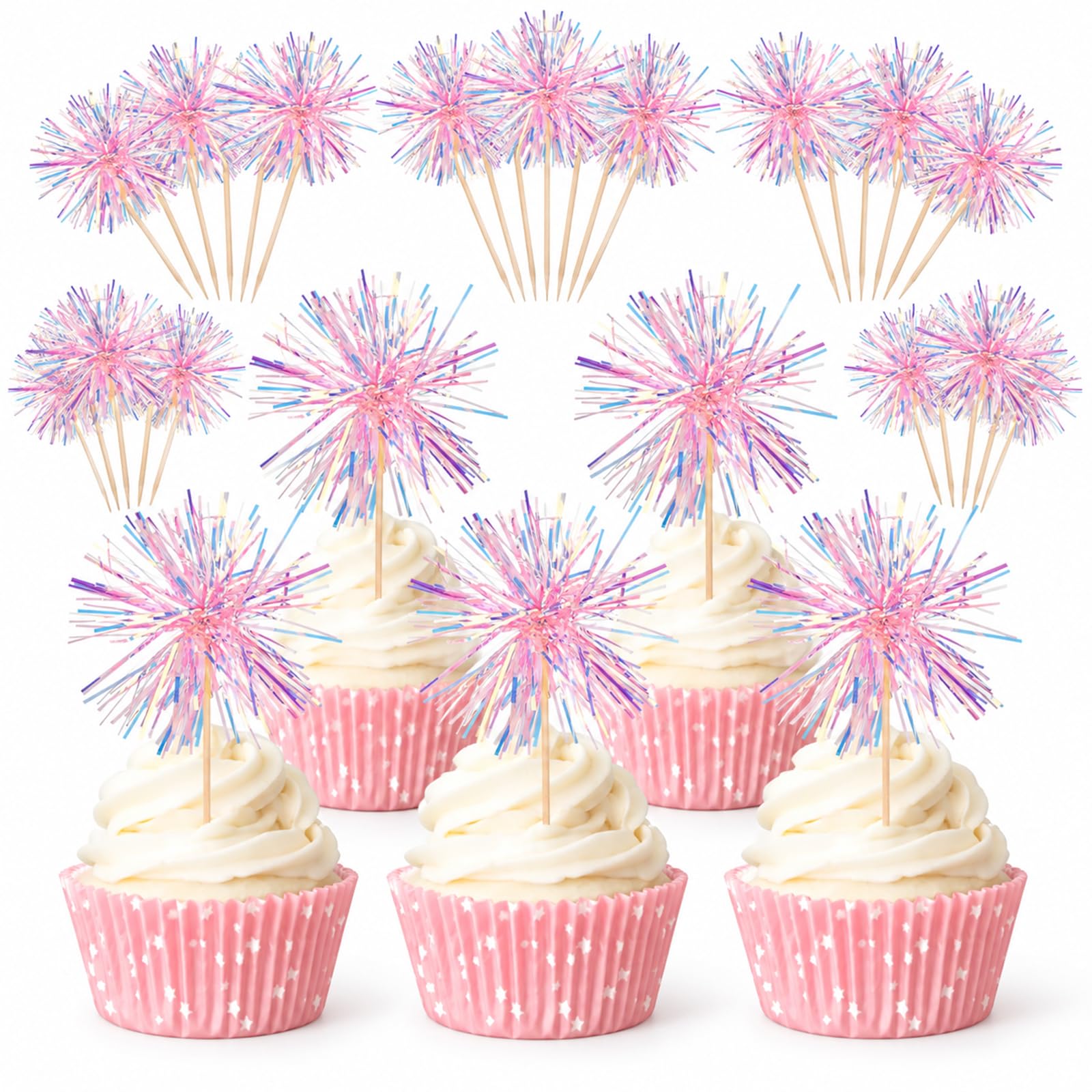 ALLAVA 40 Pcs Pink Firework Cupcake Toppers Birthday Cake Decorations โ image 1