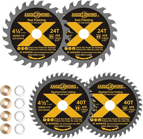 ANGELSWORD 4-1/2 Inch Circular Saw Blade, 7/8" Arbor Used on Angle Grinder, 24T for Framing&40T for Ripping, Cross Wood Cutting, 4 Pack, with 3/8"&5/8" Bushing