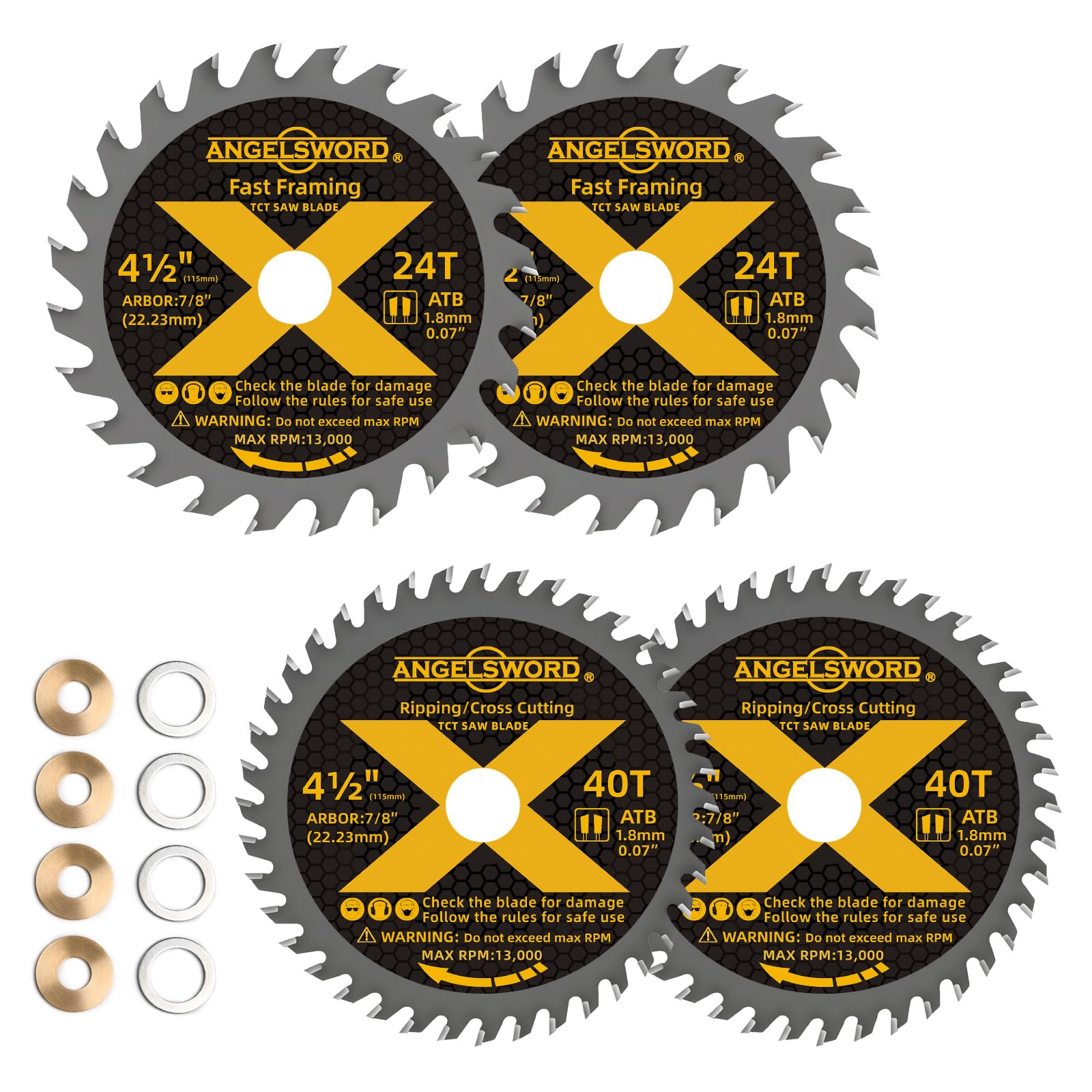 ANGELSWORD 4-1/2 Inch Circular Saw Blade, 7/8" Arbor Used on Angle Grinder, 24T for Framing&40T for Ripping, Cross Wood Cutting, 4 Pack, with 3/8"&5/8