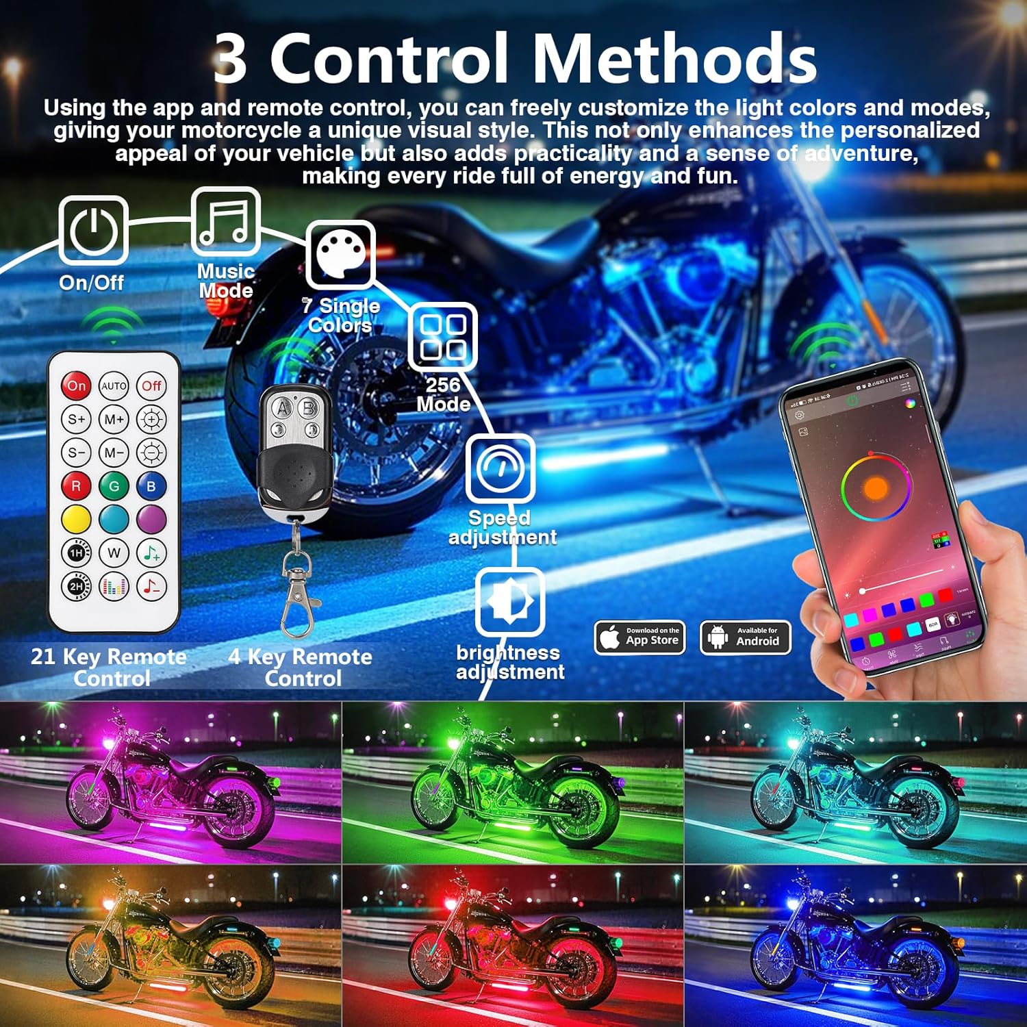 16Pcs RGB+IC Chasing Motorcycle LED Lights with APP/RF Remote, Dreamcolor Motorcycle LED Underglow Kit with Brake Turn Signal, 12V Waterproof Neon Strip Lights Kit for Harley Kawasaki ATV Golf Cart