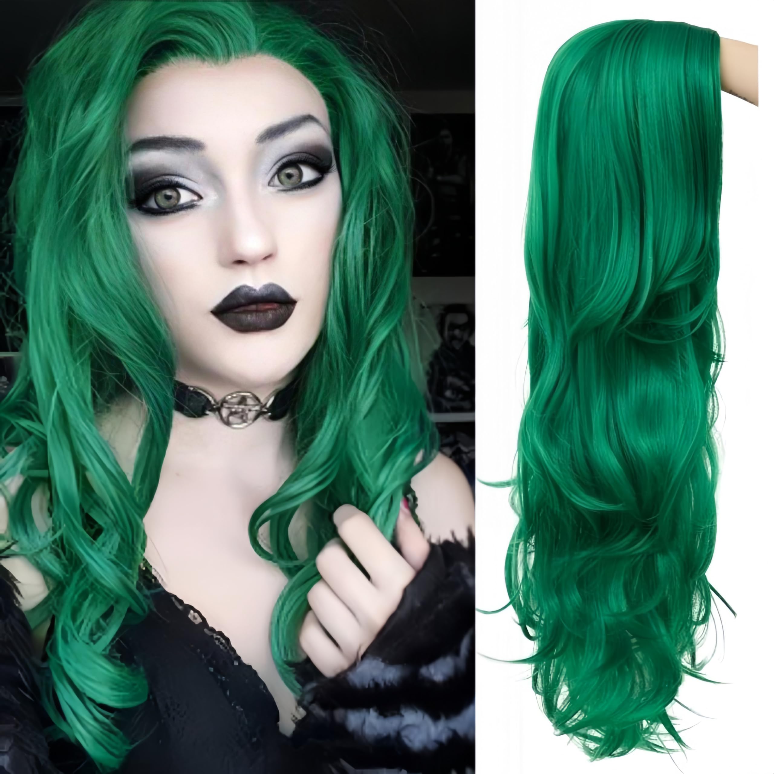 Siudus Green Long Curly Wigs for Women 28 Inch Cosplay Wavy Middle Part Natural Synthetic Heat Resistant Halloween Costume Party Hair Wig