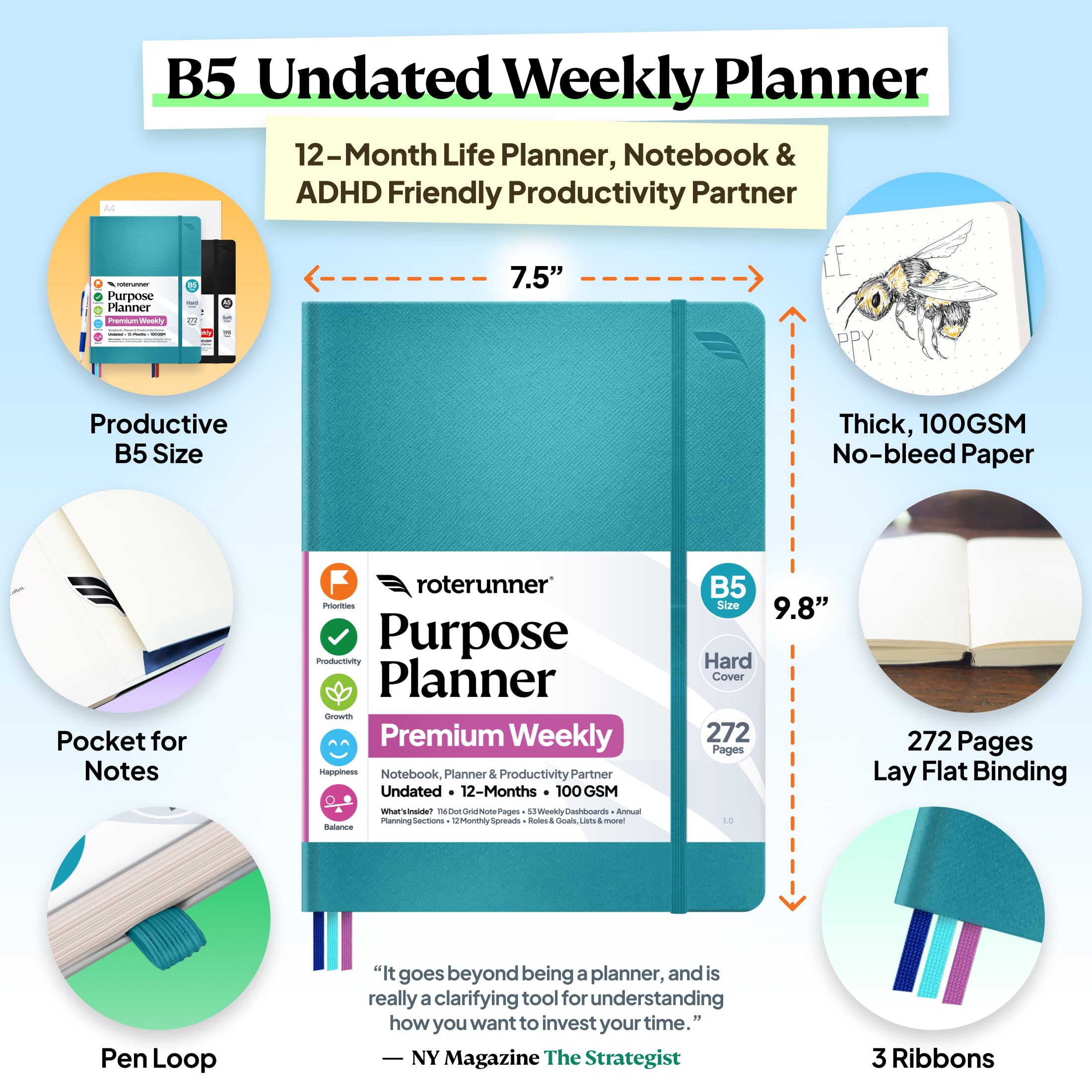 Roterunner Agenda B5, 19 x 24,9 cm, 12 mesi, non datata, 2026, giornaliera, settimanale e mensile, strumento per la definizione degli obiettivi di produttività, per lavoro, casa, ADHD, per adulti