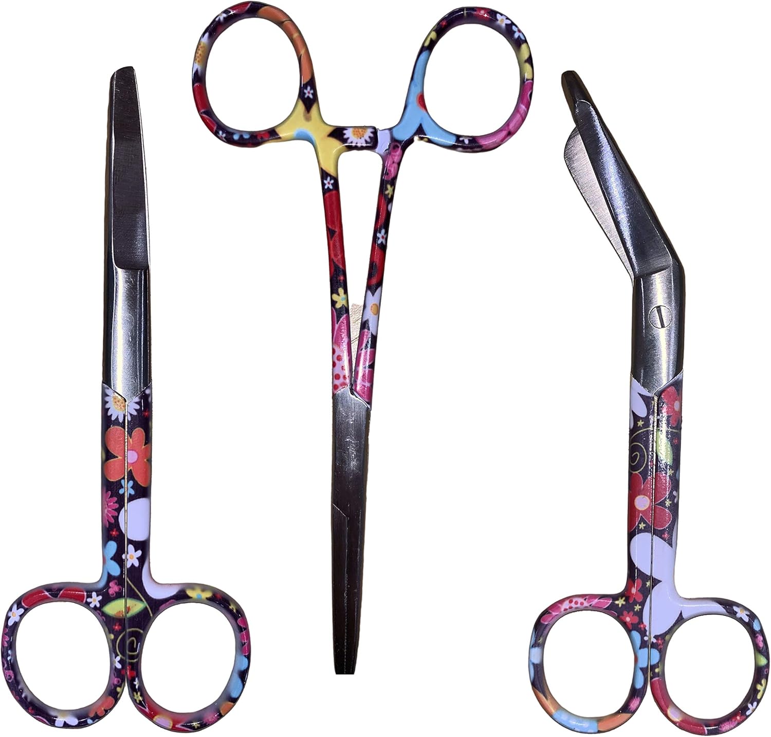 Set of Three Nursing Scissors Black Flowers for Nurses, Midwives and